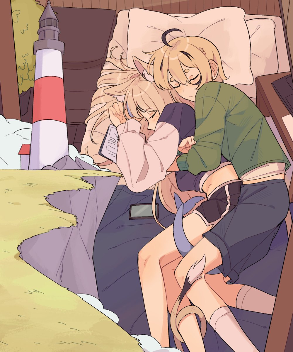 addendium, dooby, sameko saba, indie virtual youtuber, commentary, english commentary, highres, 2girls, ahoge, animal ear fluff, animal ears, bed, black hair, black shorts, blonde hair, blue hair, blue shirt, blue shorts, cat ears, cellphone, cliff, closed eyes, closed mouth, covered mouth, cuddling, dolphin shorts, feet out of frame, fins, fish girl, fish tail, green sweater, hair between eyes, light blush, lighthouse, long hair, long sleeves, lying, midriff peek, mouse girl, mouse tail, multicolored hair, multiple girls, on bed, on side, phone, pillow, raglan sleeves, shirt, short eyebrows, short hair, shorts, sleeping, sleeping together, smartphone, socks, spooning, streaked hair, sweater, tail, tail around another's leg, tail wrap, three-quarter sleeves, virtual youtuber, white shirt, white socks, yuri