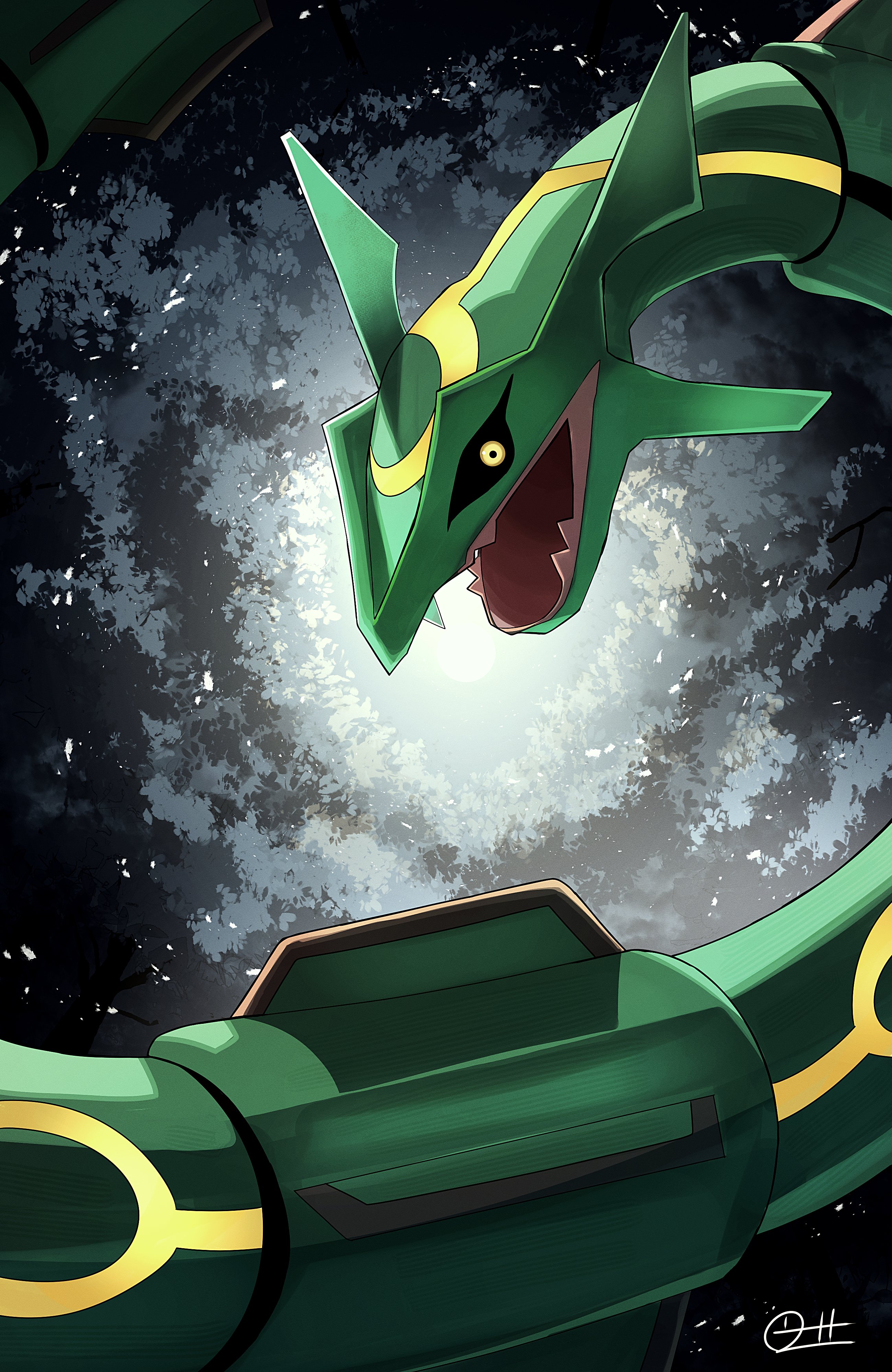 zeroartwo, rayquaza, nintendo, pokemon, absurdres, highres, black sclera, colored sclera, dragon, eastern dragon, fangs, gen 3 pokemon, legendary pokemon, no humans, open mouth, pokemon (creature), pokemon focus, skin fangs, solo, yellow eyes