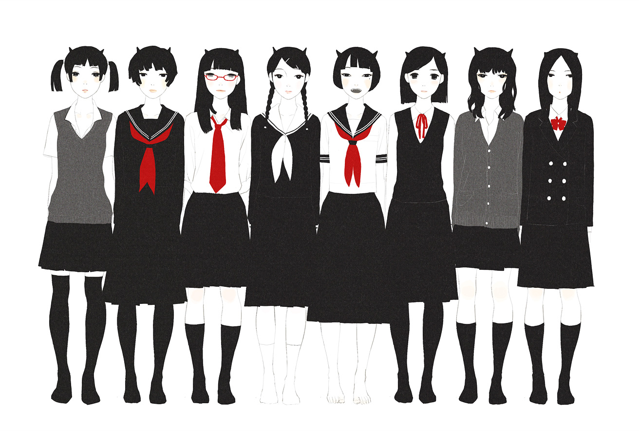 kumaori jun, original, bad id, bad pixiv id, 6+girls, barefoot, glasses, horns, multiple girls, oni, school uniform, serafuku, socks, sweater, thighhighs