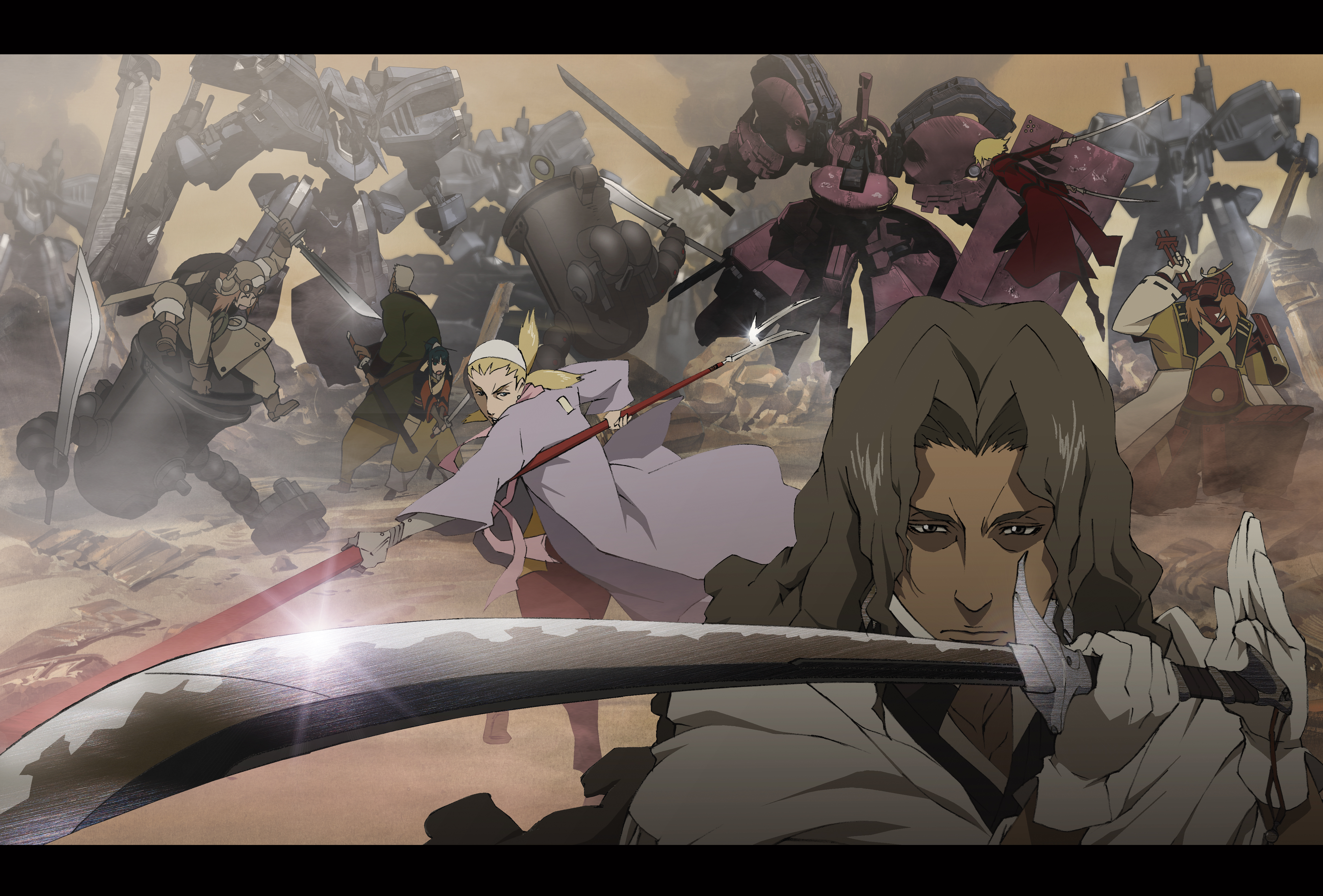 kyuzo, hayashida heihachi, katayama gorobei, kikuchiyo, okamoto katsushiro, shichiroji, shichirooji, shimada kanbei, samurai 7, absurdres, highres, 00s, 6+boys, dark-skinned male, dark skin, letterboxed, long hair, male focus, mecha, multiple boys, polearm, robot, spear, sword, weapon