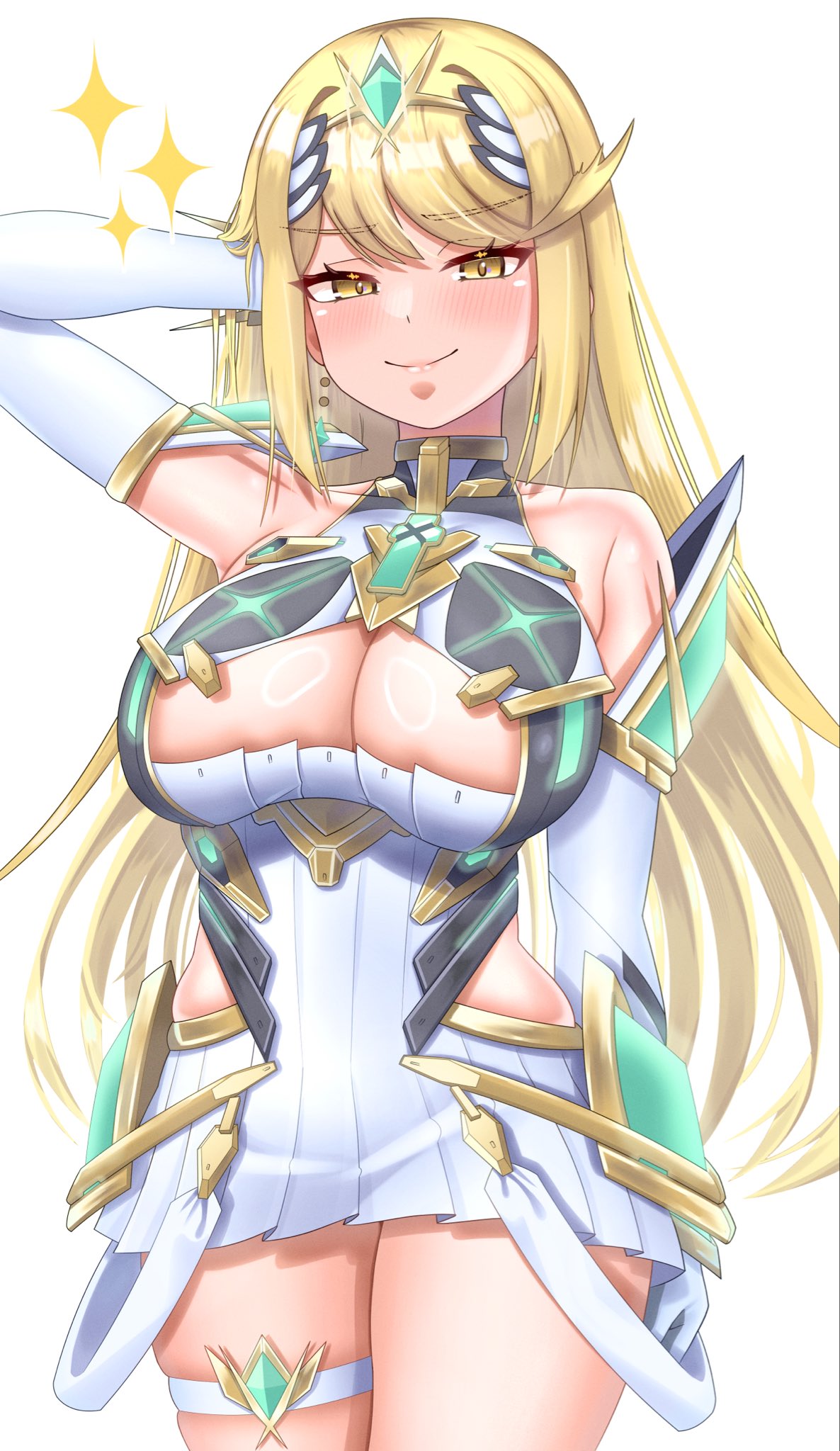 meipasuye, mythra (xenoblade), xenoblade chronicles (series), xenoblade chronicles 2, highres, 1girl, bare shoulders, blonde hair, blush, breasts, cleavage, cleavage cutout, closed mouth, clothing cutout, cowboy shot, dress, long hair, microdress, simple background, smile, solo, sparkle, white background, white dress, yellow eyes