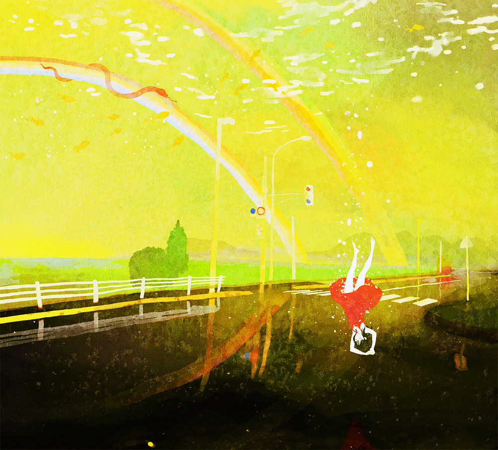 kumaori jun, original, bad id, bad pixiv id, 1girl, barefoot, double rainbow, dress, falling, female focus, fish, floating, rainbow, snake, solo, suicide, surreal, upside-down, water