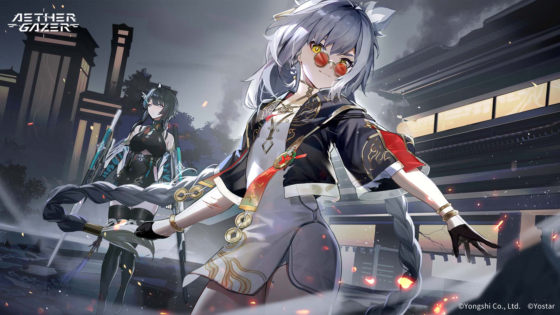 luliang (aether gazer), yingzhao (aether gazer), aether gazer, artist request, highres, official art, 2girls, black gloves, black hair, black jacket, black leotard, black thighhighs, bracelet, china dress, chinese clothes, closed mouth, clothing cutout, cloud, cloudy sky, copyright name, dress, embers, gloves, gold bracelet, grey hair, jacket, jewelry, leotard, long braid, multiple girls, red-tinted eyewear, sky, thighhighs, tinted eyewear, white dress