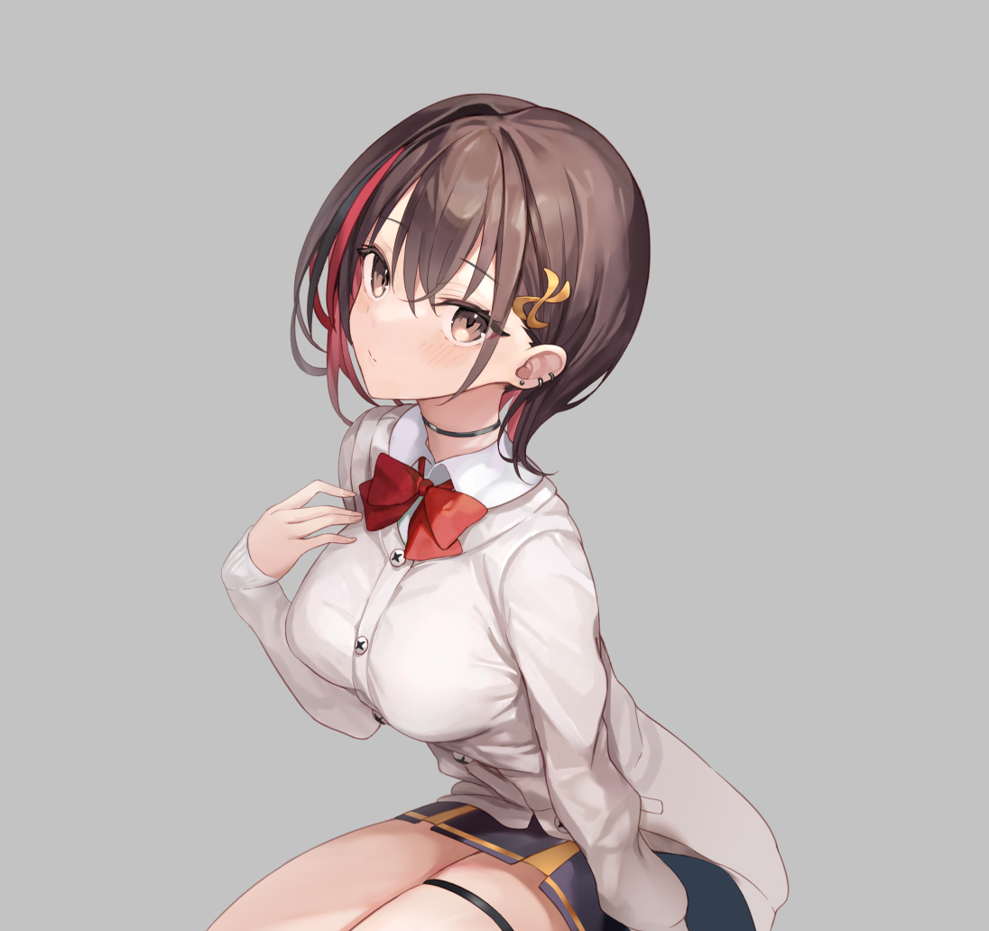 haishiki, tsukiori sakura, danshi kinsei game sekai de ore ga yarubeki yuiitsu no koto yuri no ma ni hasamaru otoko to shite tensei shite shimaimashita, commentary request, official art, 1girl, black choker, black thighlet, breasts, brown eyes, brown hair, cardigan, choker, earrings, hair ornament, jewelry, long sleeves, looking at viewer, medium hair, multicolored hair, multiple piercings, pleated skirt, red ribbon, ribbon, sailor collar, school uniform, shirt, sitting, skirt, solo, streaked hair, stud earrings, thighlet, white shirt