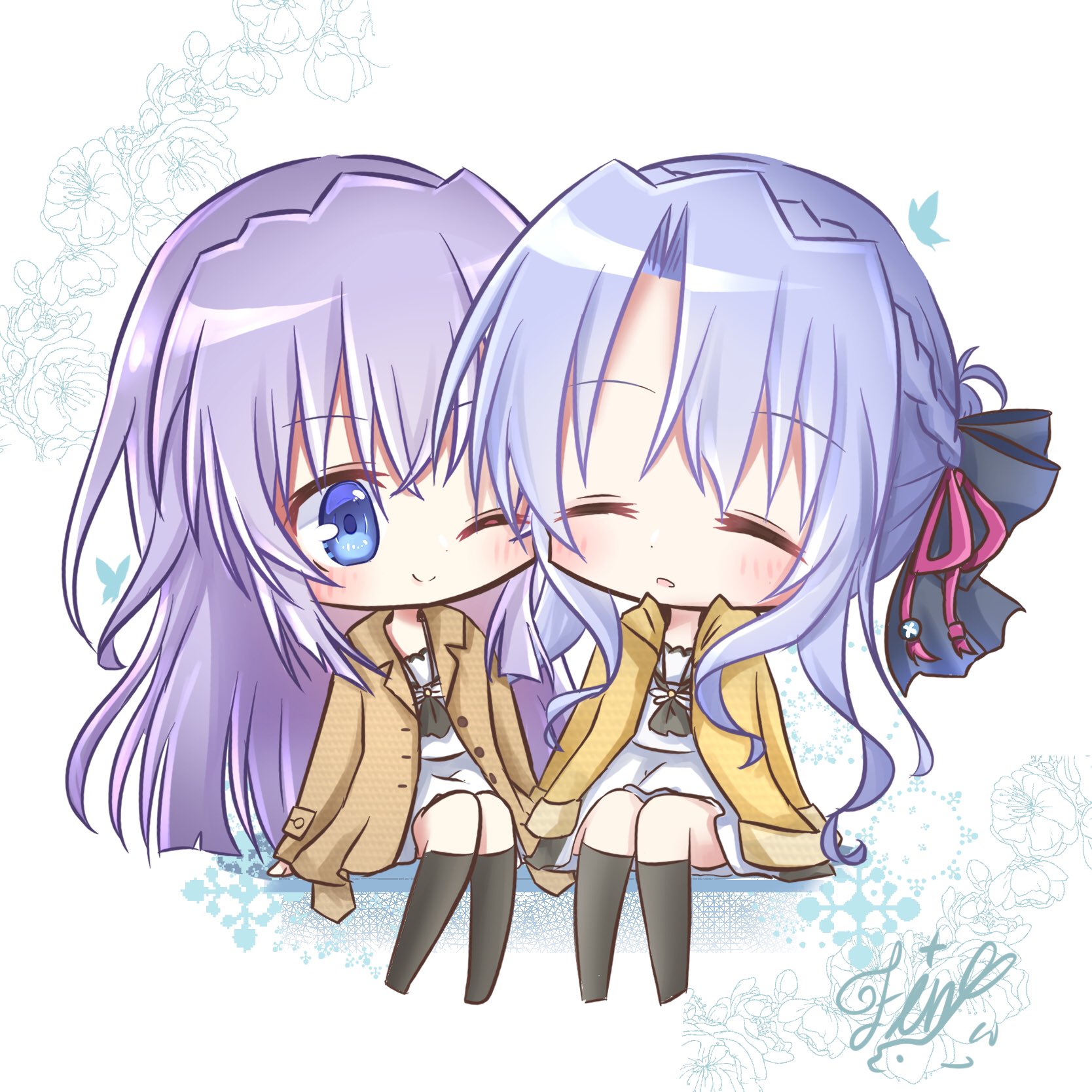 utuigawa, sorakado ai, sorakado ao, summer pockets, commentary, highres, 2girls, ;), adapted costume, arms at sides, black bow, black socks, blue eyes, blunt ends, bow, braid, brown coat, chibi, chibi only, closed eyes, closed mouth, coat, crossed bangs, crown braid, floral background, full body, hair between eyes, hair bow, hair ribbon, half up braid, kneehighs, long hair, long sleeves, looking at another, multiple girls, no shoes, one eye closed, open clothes, open coat, purple hair, red ribbon, ribbon, school uniform, serafuku, shirt, siblings, side-by-side, sidelocks, signature, simple background, sisters, sitting, skirt, sleeping, smile, snowflakes, socks, summer pockets school uniform, twins, very long hair, white background, white serafuku, white shirt, white skirt, winter clothes, yellow coat
