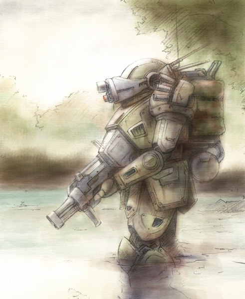 nyaou, scopedog, soukou kihei votoms, backpack, bag, gun, mecha, no humans, randoseru, rifle, robot, weapon
