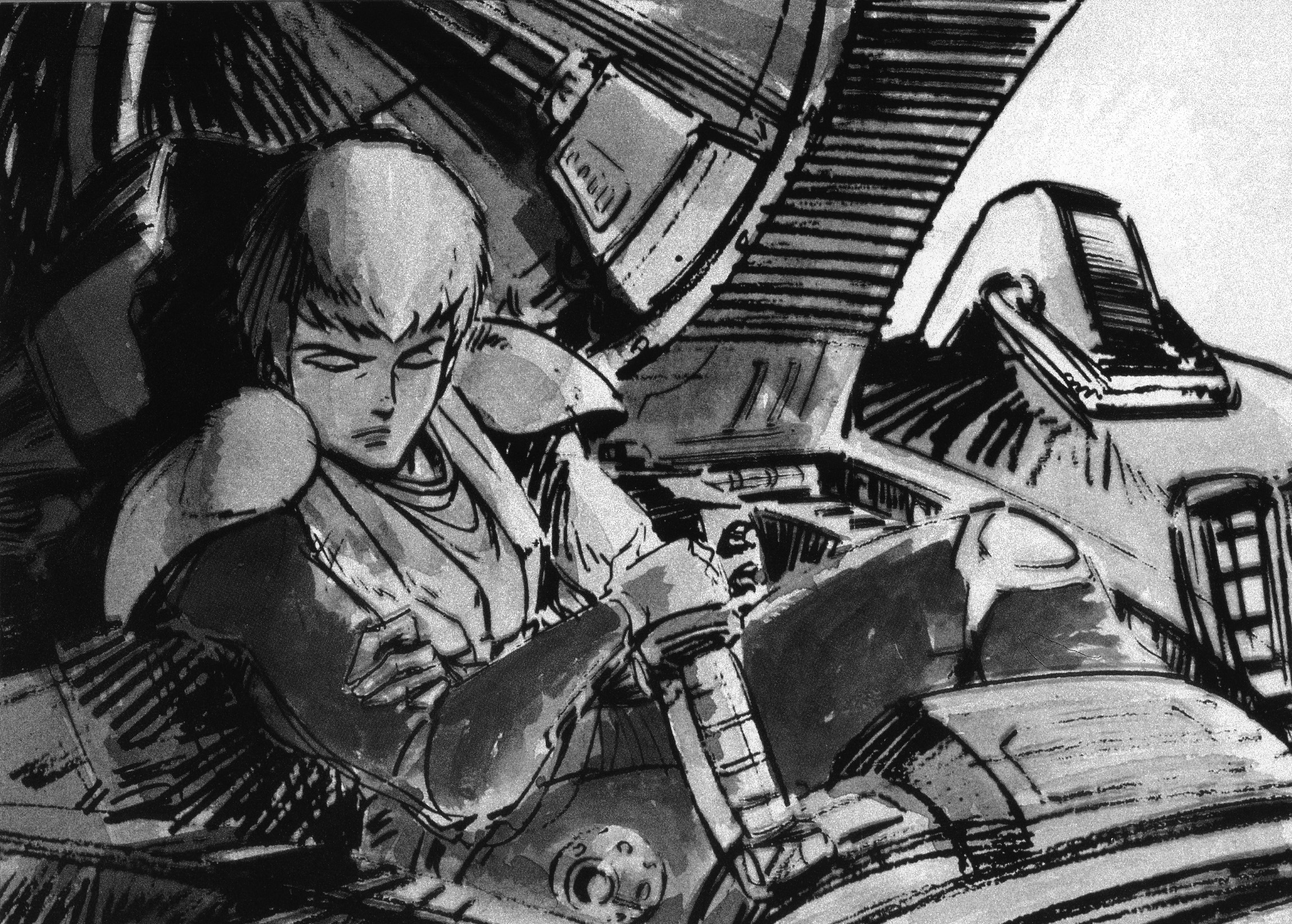 chirico cuvie, soukou kihei votoms, highres, 1boy, greyscale, male focus, mecha, monochrome, robot, sleeping, solo