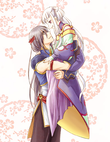 suisyokyu, li xingke, tianzi, code geass, lowres, 00s, 1boy, 1girl, black hair, carrying, chinese clothes, couple, happy, hetero, white hair
