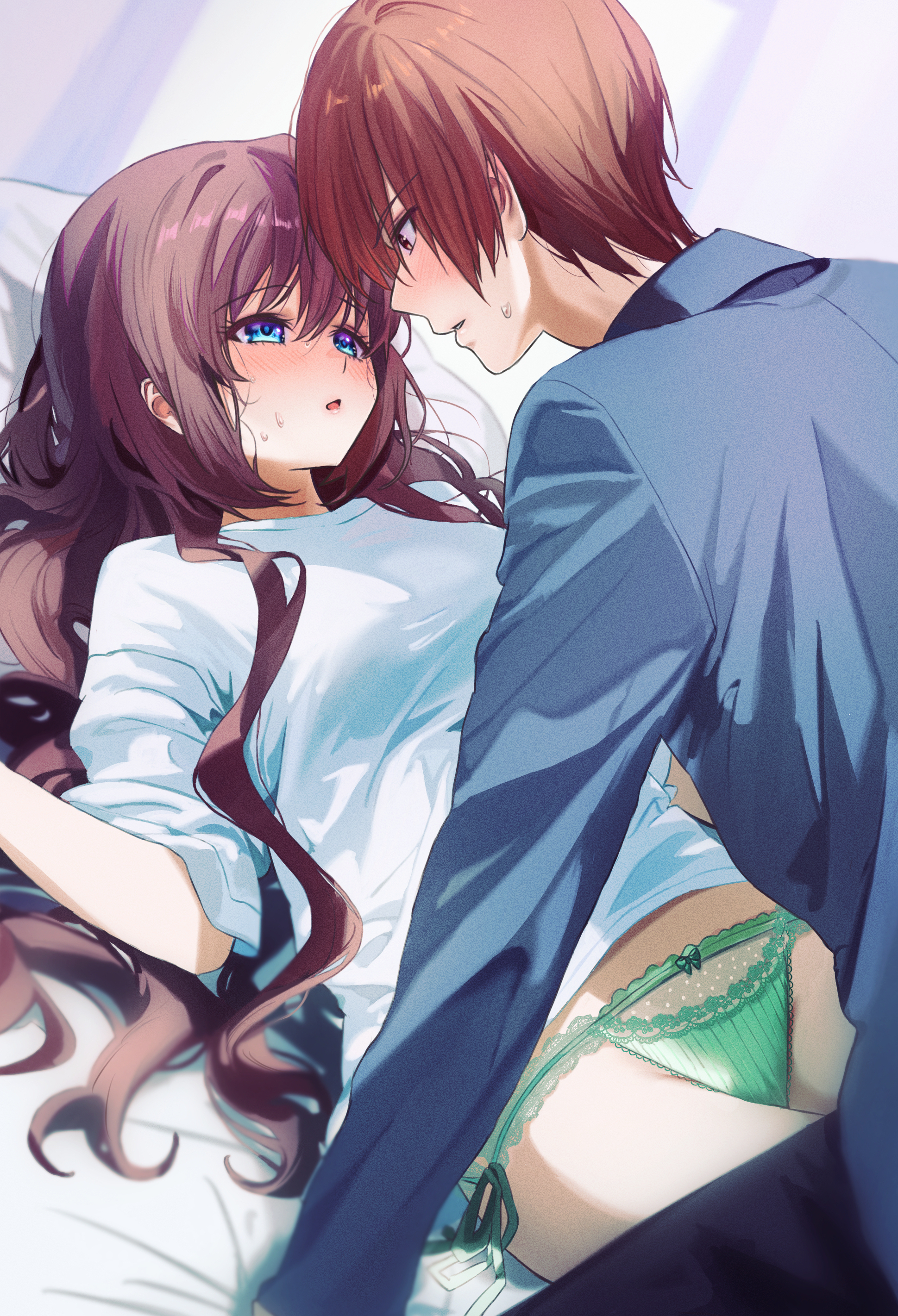 miiizuno lbs, a-chan (little busters!), natsume kyousuke, little busters!, absurdres, commentary request, highres, 1boy, 1girl, alternate costume, blue eyes, blush, bow, bow panties, boy on top, brown hair, casual, couple, cowboy shot, dutch angle, eye contact, film grain, green bow, green panties, hair spread out, hetero, imminent kiss, lingerie, long hair, looking at another, lying, no pants, nose blush, on back, on bed, open mouth, panties, parted lips, profile, shirt, short hair, side-tie panties, sweatdrop, underwear, very long hair, wavy hair, white shirt