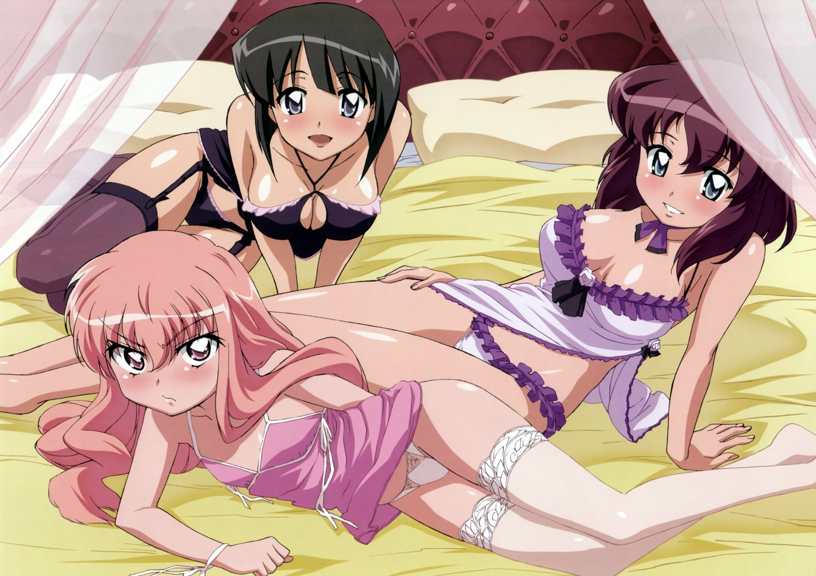 fujii masahiro, henrietta de tristain, louise francoise le blanc de la valliere, siesta (zero no tsukaima), megami magazine, zero no tsukaima, black legwear, hand on thigh, lace-trimmed legwear, white legwear, detexted, highres, official art, scan, third-party edit, >:/, 00s, 3girls, :/, :d, age difference, arm behind back, arm support, bare shoulders, bed, black eyes, black panties, blue eyes, blunt bangs, blush, breasts, breasts apart, chemise, choker, cleavage, cleavage cutout, clothing cutout, curtains, flat chest, flower, frilled panties, frills, frown, garter belt, garter straps, grin, hair between eyes, hand on own thigh, indoors, lace, lace-trimmed panties, lace trim, large breasts, leaning back, lingerie, long hair, long legs, lying, multiple girls, neck ribbon, on bed, on side, open mouth, panties, pillow, pink eyes, pink hair, pout, purple hair, purple panties, ribbon, ribbon choker, rose, shiny skin, short hair, sideboob, sitting, smile, thigh gap, thighhighs, transparent, underwear, underwear only, v-shaped eyebrows, v arms, white panties, wrist ribbon