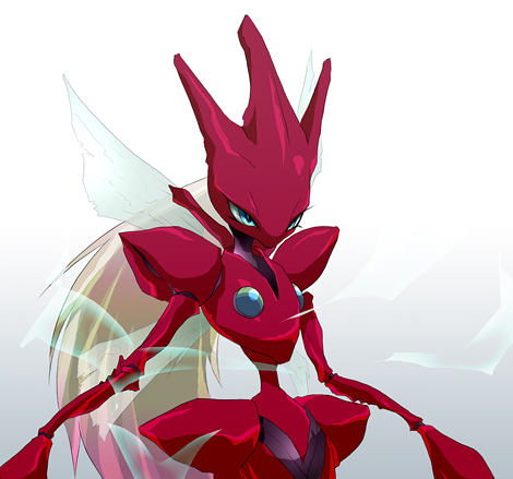 scizor, zero (mega man), mega man (series), mega man x (series), nintendo, pokemon, lowres, gen 2 pokemon, green eyes, long hair, no humans, parody, pokemon (creature)