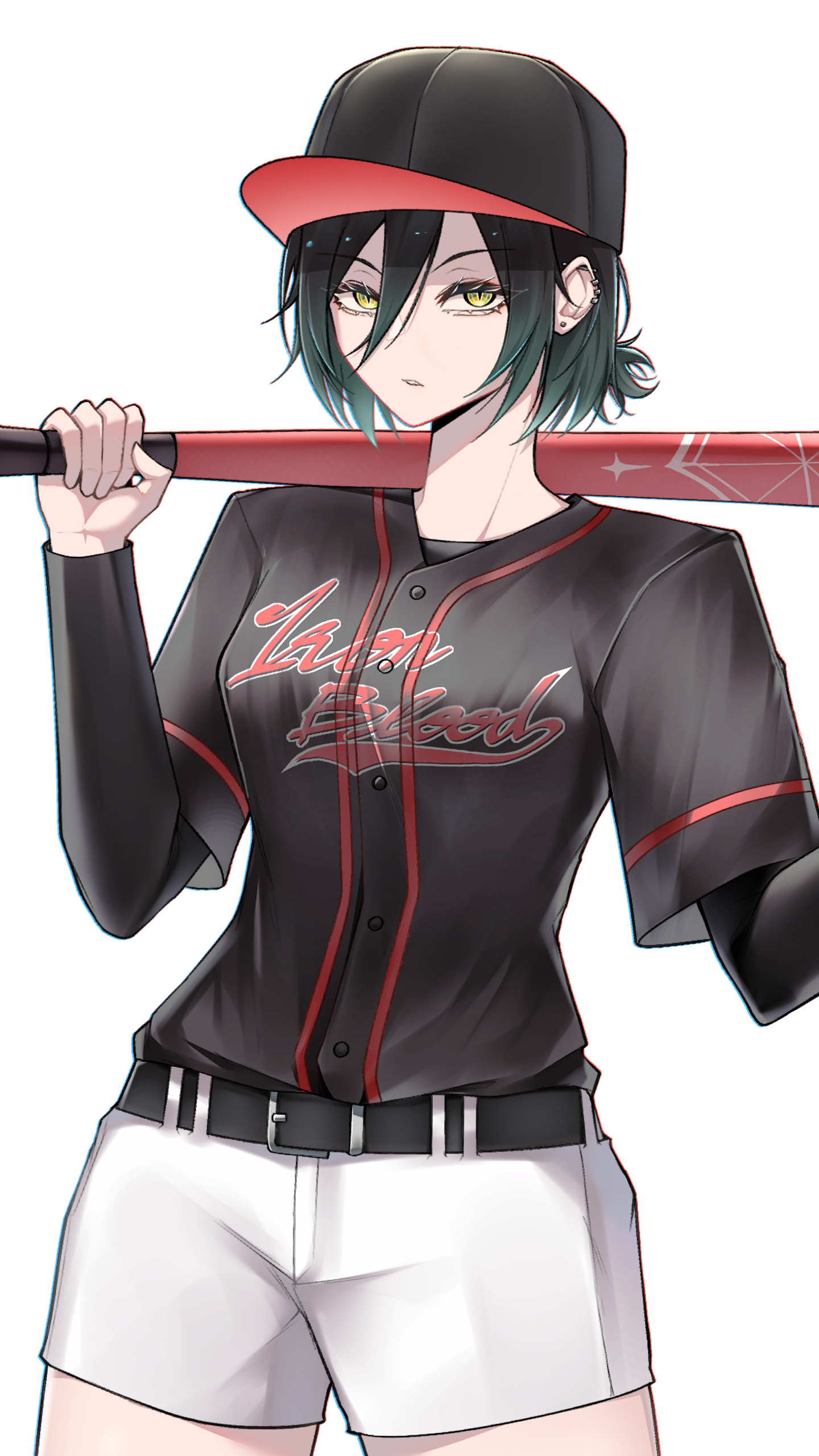 xuwasoo, ulrich von hutten (azur lane), azur lane, absurdres, highres, 1girl, alternate costume, baseball bat, baseball cap, baseball jersey, baseball uniform, hat, holding, holding baseball bat, jersey, shorts, simple background, solo, sportswear, white background, white shorts