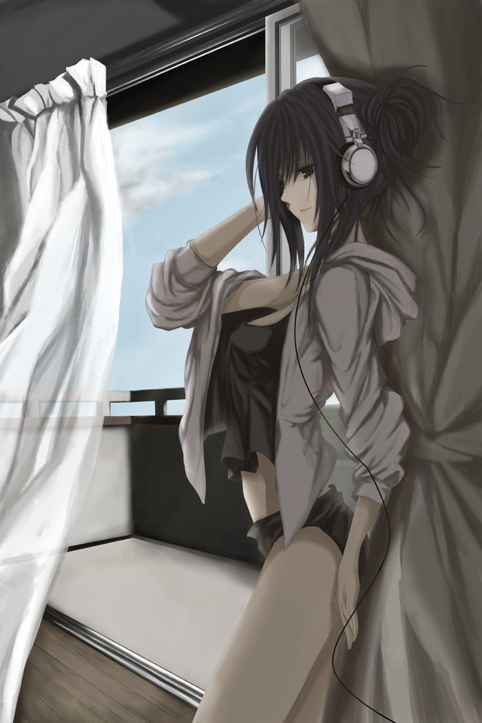 saimon (pixiv), simon (n.s craft), original, 1girl, curtains, female focus, headphones, hood, hoodie, lingerie, sleeves pushed up, solo, tank top, underwear, window