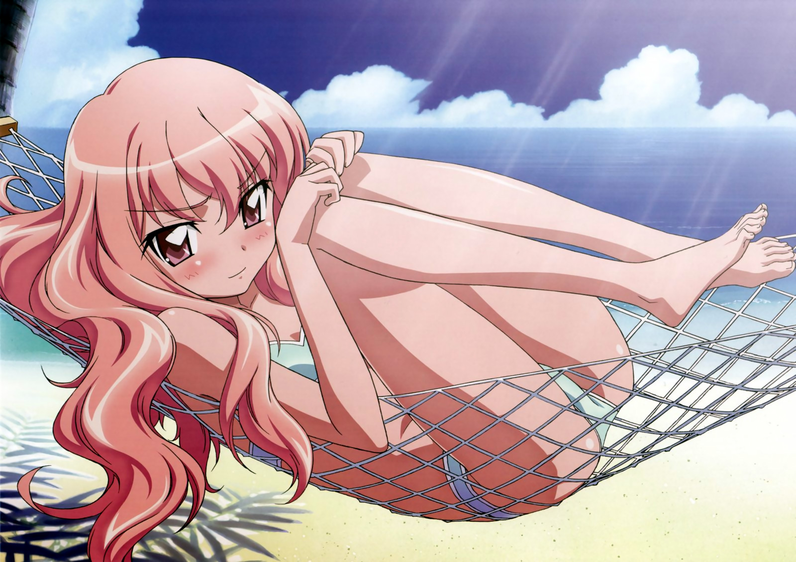 iwakura kazunori, louise francoise le blanc de la valliere, megami magazine, zero no tsukaima, highres, non-web source, official art, scan, 00s, 1girl, ass, barefoot, beach, bikini, blush, cloud, day, embarrassed, feet, female focus, flat chest, hair between eyes, hammock, hugging own legs, knees to chest, legs, legs up, light rays, long hair, looking at viewer, lying, ocean, on back, outdoors, pink eyes, pink hair, profile, red hair, shadow, sidelocks, sky, smile, solo, sunbeam, sunlight, swimsuit, tree, water, wavy hair