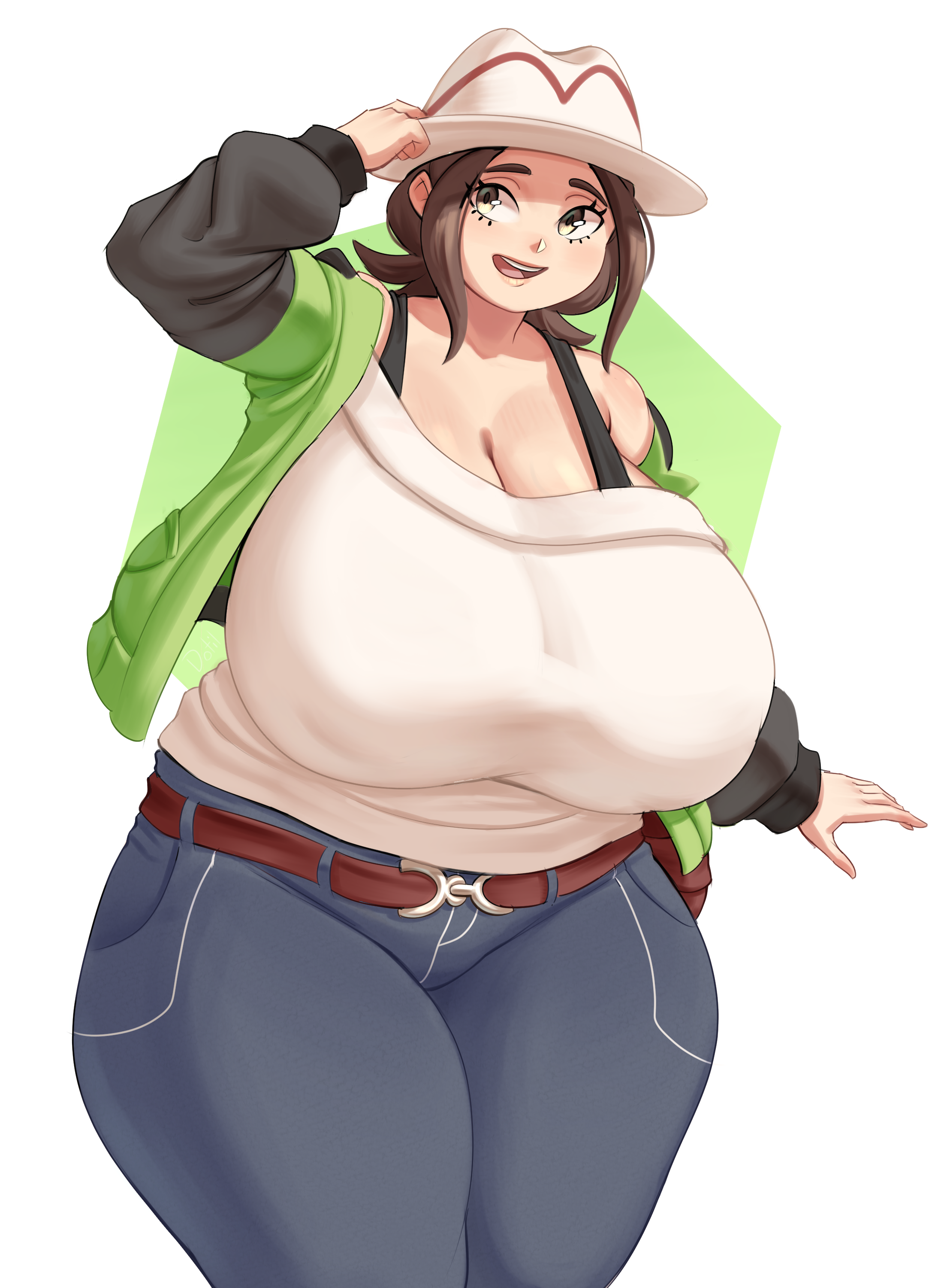 dotil, harmony (pokemon), nintendo, pokemon, pokemon legends: z-a, absurdres, highres, 1girl, arm up, breasts, cleavage, curvy, female focus, gigantic breasts, hat, short hair, solo, thick thighs, thighs, wide hips