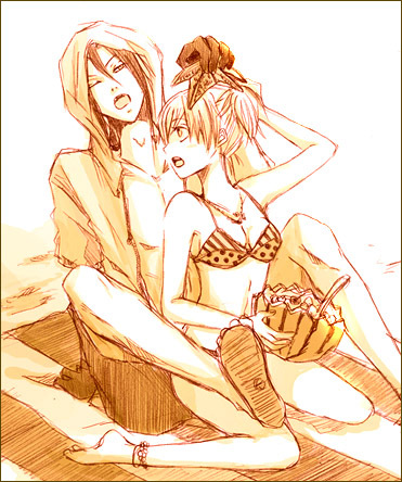 katsuragi yako, nougami neuro, majin tantei nougami neuro, lowres, 00s, 1boy, 1girl, anklet, barefoot, beach, bikini, colored bangs, couple, food, fruit, fruit cup, hetero, hood, jacket, jewelry, monochrome, necklace, orange theme, sandals, short hair, side ponytail, sketch, spoon, starfish, swimsuit, watermelon
