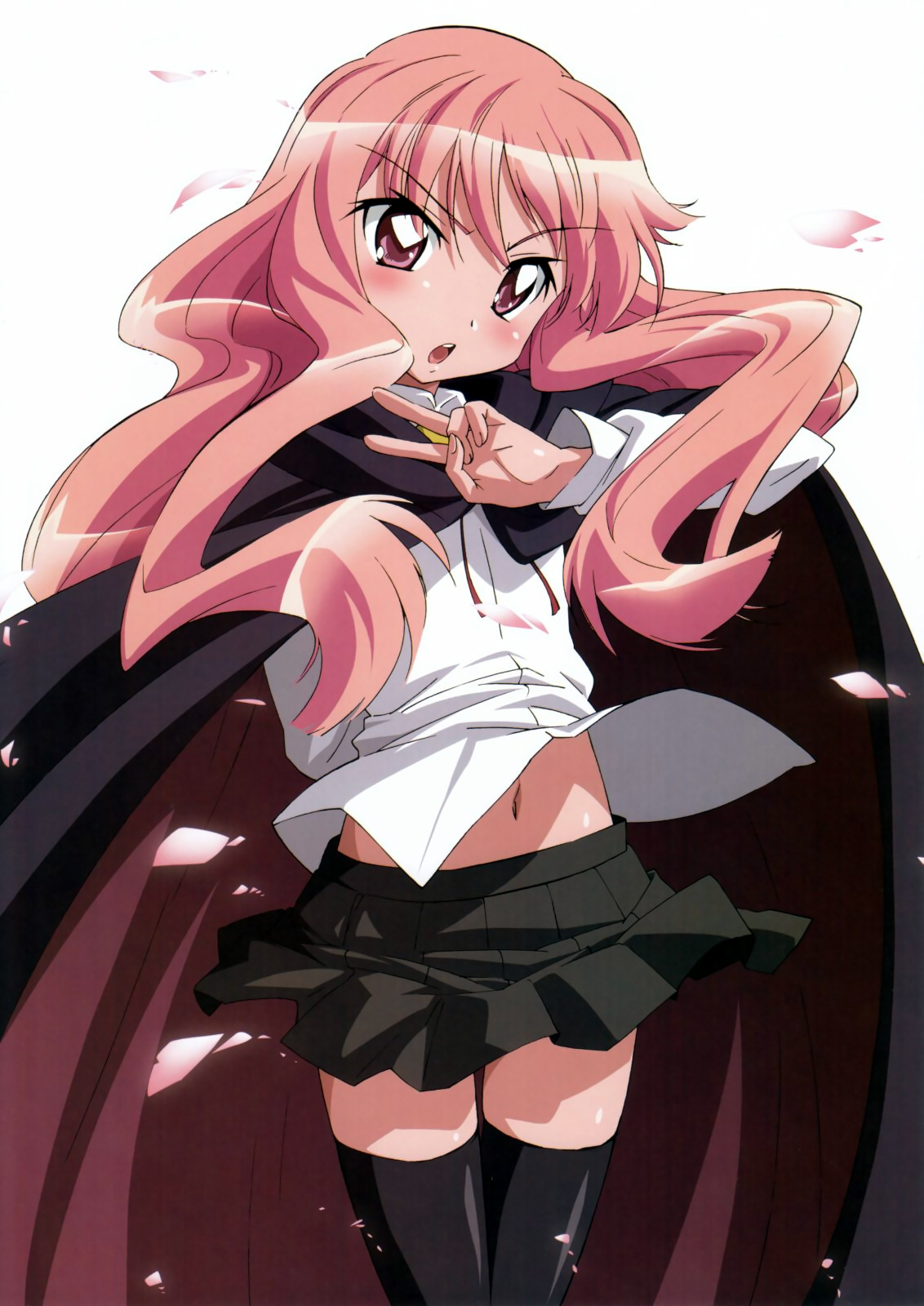fujii masahiro, louise francoise le blanc de la valliere, zero no tsukaima, highres, scan, 00s, black thighhighs, cape, long hair, midriff, petals, pink eyes, pink hair, solo, thighhighs, zettai ryouiki