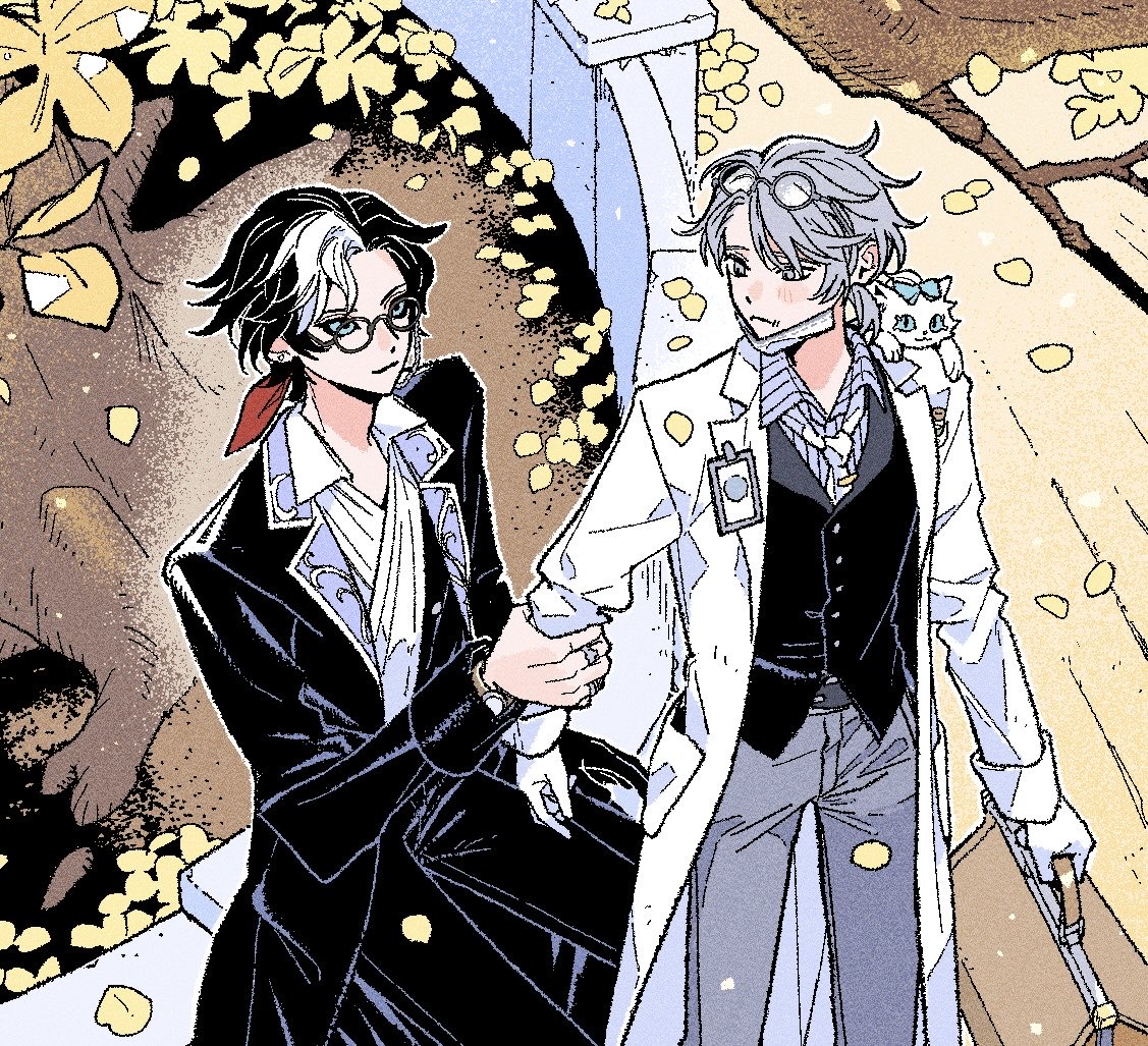aesop carl, aesop carl ("gatto"), joseph desaulniers, joseph desaulniers (d.m.), identity v, 2boys, black hair, black sclera, black vest, blue eyes, blush, bow, coat, colored sclera, eye contact, eyewear on head, glasses, gloves, grabbing another's arm, grey eyes, grey hair, grey pants, hair bow, lab coat, lapels, looking at another, male focus, mask, mask around neck, multicolored hair, multiple boys, nakainaka4383, necktie, pants, petals, round eyewear, shirt, striped clothes, striped shirt, two-tone hair, unworn mask, vest, watch, white coat, white gloves, white necktie, white streaks, wristwatch, yaoi