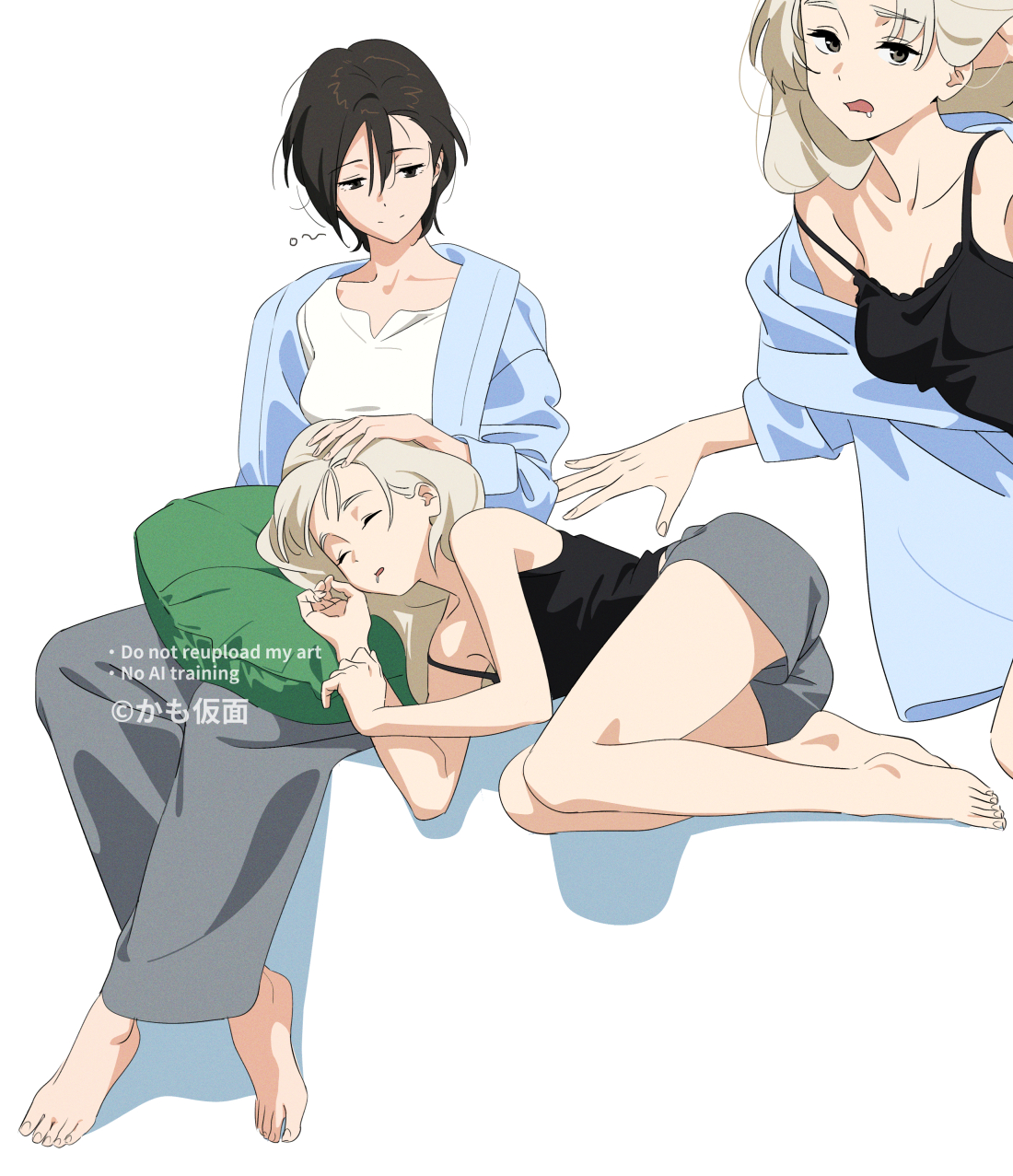 kamo kamen, original, highres, 2girls, barefoot, black tank top, blue shirt, breasts, cleavage, closed eyes, closed mouth, collarbone, crossed legs, fingernails, grey pants, grey shorts, hair between eyes, half-closed eyes, hand in own hair, hand on another's head, lap pillow, long hair, looking at another, lying, m (kamo kamen), medium breasts, multiple girls, on side, open mouth, pants, pillow, saliva, shirt, shorts, simple background, sleeping, smile, spaghetti strap, tank top, toenails, white background, yuri