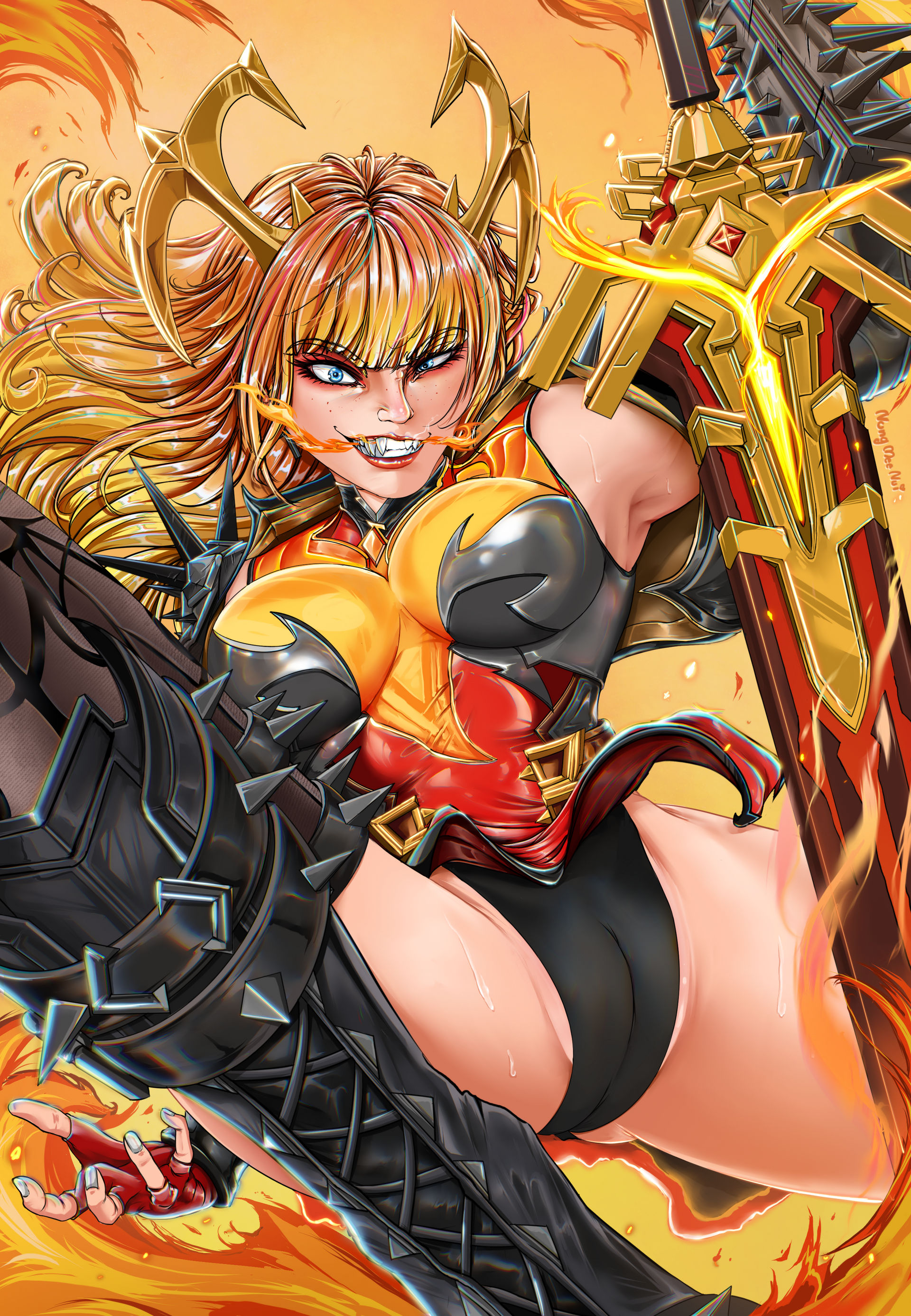 nungmeenui, magik (phoenix demon) (x-men), magik (x-men), marvel, marvel rivals, x-men, absurdres, commentary, english commentary, highres, 1girl, armor, armpits, blonde hair, boots, breasts, cameltoe, crazy eyes, crazy smile, eyeliner, eyeshadow, fangs, fingerless gloves, fire, gloves, gold horns, holding, holding sword, holding weapon, horns, jumping, knee boots, leotard, makeup, orange hair, partially visible vulva, red eyeshadow, sharp teeth, shoulder spikes, smile, solo, spikes, spread legs, sweat, sword, teeth, thighhighs, thighs, weapon