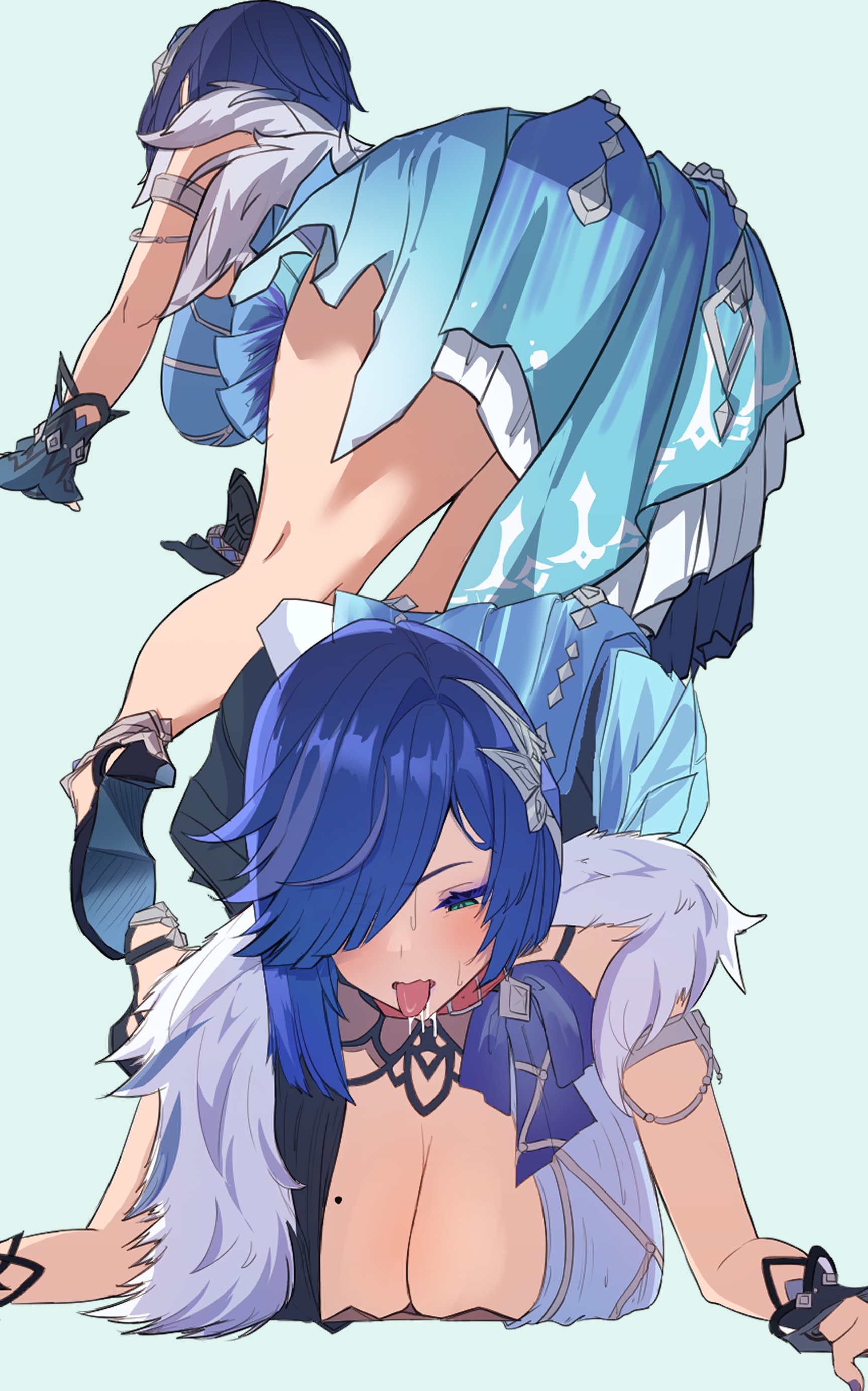 yelan (genshin impact), yelan (tranquil banquet) (genshin impact), genshin impact, absurdres, highres, 1girl, ass, bare shoulders, blue hair, breast press, breasts, dress, gloves, green eyes, hair over one eye, jewelry, large breasts, mole, mole on breast, nail polish, official alternate costume, official alternate hairstyle, short hair, thick thighs, thighs, tongue, tongue out, ynfkin