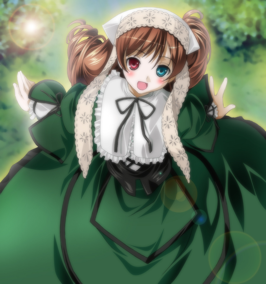 umekichi, suiseiseki, rozen maiden, bad id, bad pixiv id, 00s, blue eyes, headscarf, heterochromia, lens flare, red eyes, solo, white headscarf