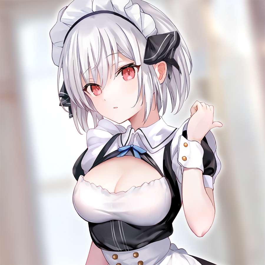 haishiki, snow (yurihasa), danshi kinsei game sekai de ore ga yarubeki yuiitsu no koto yuri no ma ni hasamaru otoko to shite tensei shite shimaimashita, commentary request, 1girl, apron, black dress, breasts, cleavage, cleavage cutout, clothing cutout, dress, frilled apron, frills, grey hair, large breasts, looking at viewer, maid, maid apron, maid headdress, parted lips, puffy short sleeves, puffy sleeves, red eyes, short hair, short sleeves, solo, thumbs up, waist apron, wrist cuffs