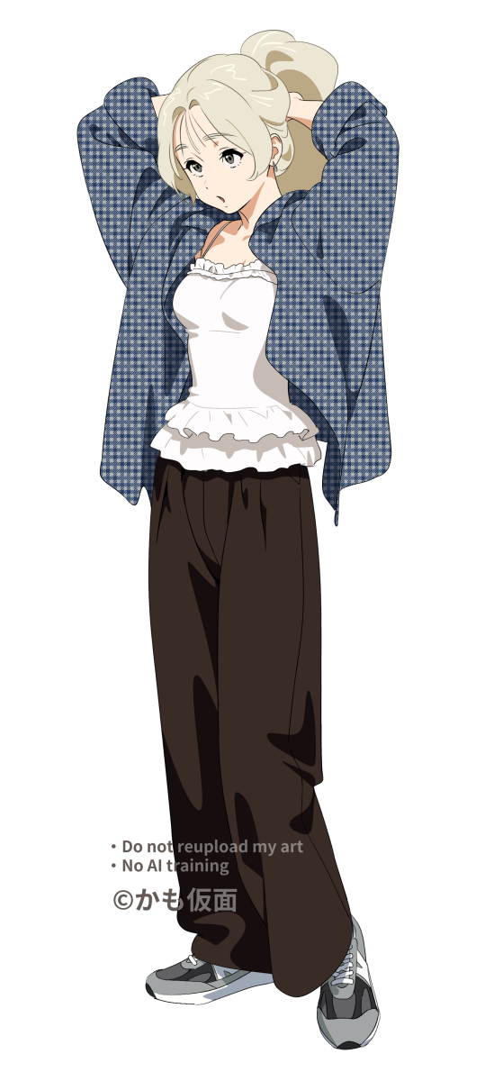 kamo kamen, new balance, original, commentary request, highres, 1girl, adjusting hair, blonde hair, breasts, brown pants, collared shirt, curtained hair, full body, grey shoes, looking ahead, m (kamo kamen), open mouth, pants, ponytail, shirt, shoes, simple background, sleeve cuffs, small breasts, sneakers, solo, standing, white background, white shirt, wispy bangs