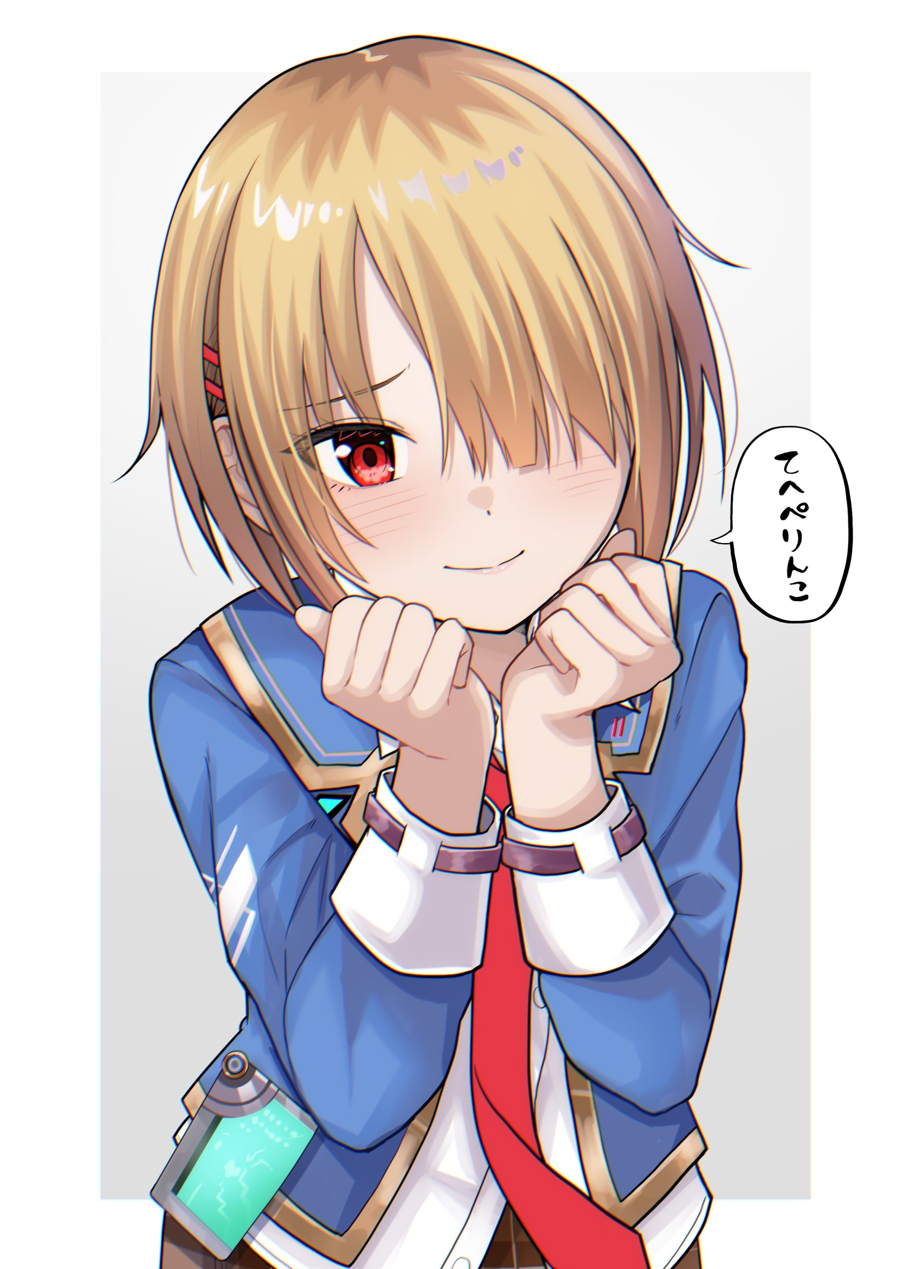rrtp, kayamori ruka, heaven burns red, absurdres, commentary request, highres, translated, 1girl, blonde hair, blue jacket, blunt bangs, blush, border, clenched hands, closed mouth, cowboy shot, eyelashes, eyes visible through hair, furrowed brow, grey background, hair ornament, hair over one eye, hairclip, hands up, jacket, long bangs, long sleeves, looking at viewer, necktie, one eye covered, open clothes, open jacket, outside border, parallel hairclips, red eyes, red necktie, school uniform, shirt, short hair, simple background, smile, solo, speech bubble, split mouth, tsurime, white border, white shirt