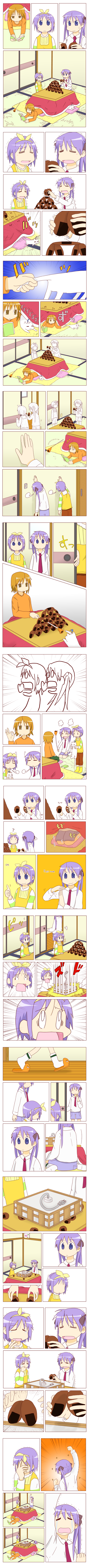 kimineri, hiiragi kagami, hiiragi matsuri, hiiragi tsukasa, izumi konata, clannad, dango daikazoku, kyoto animation, lucky star, nichijou, absurdres, highres, long image, tall image, 3girls, ahoge, animalization, cat, comic, english text, facepalm, food, kotatsu, multiple girls, parody, senbei, siblings, silent comic, sisters, style parody, table, twins
