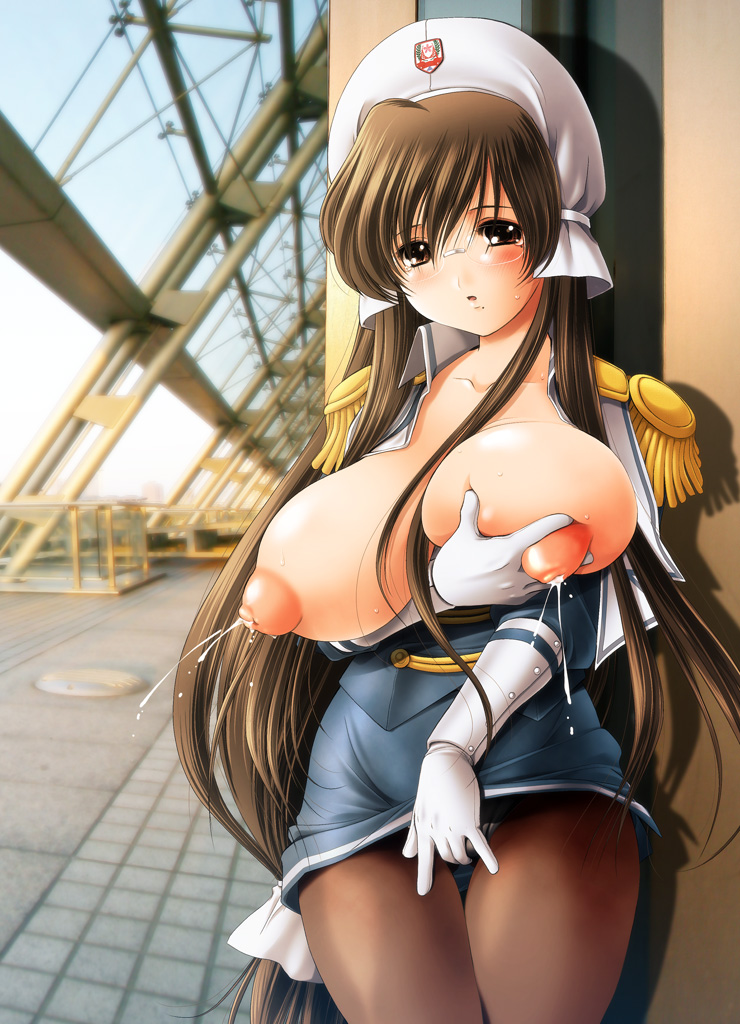 tagme, 1girl, blush, breasts, breasts out, brown hair, female focus, female masturbation, glasses, lactation, large breasts, long hair, masturbation, nipples, solo, standing, sweat