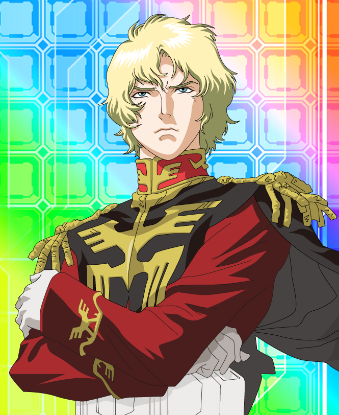 peaceman, char aznable, gundam, mobile suit gundam, uniform, bad id, bad pixiv id, 1boy, blue eyes, cape, crossed arms, male focus, rainbow background, short hair, solo