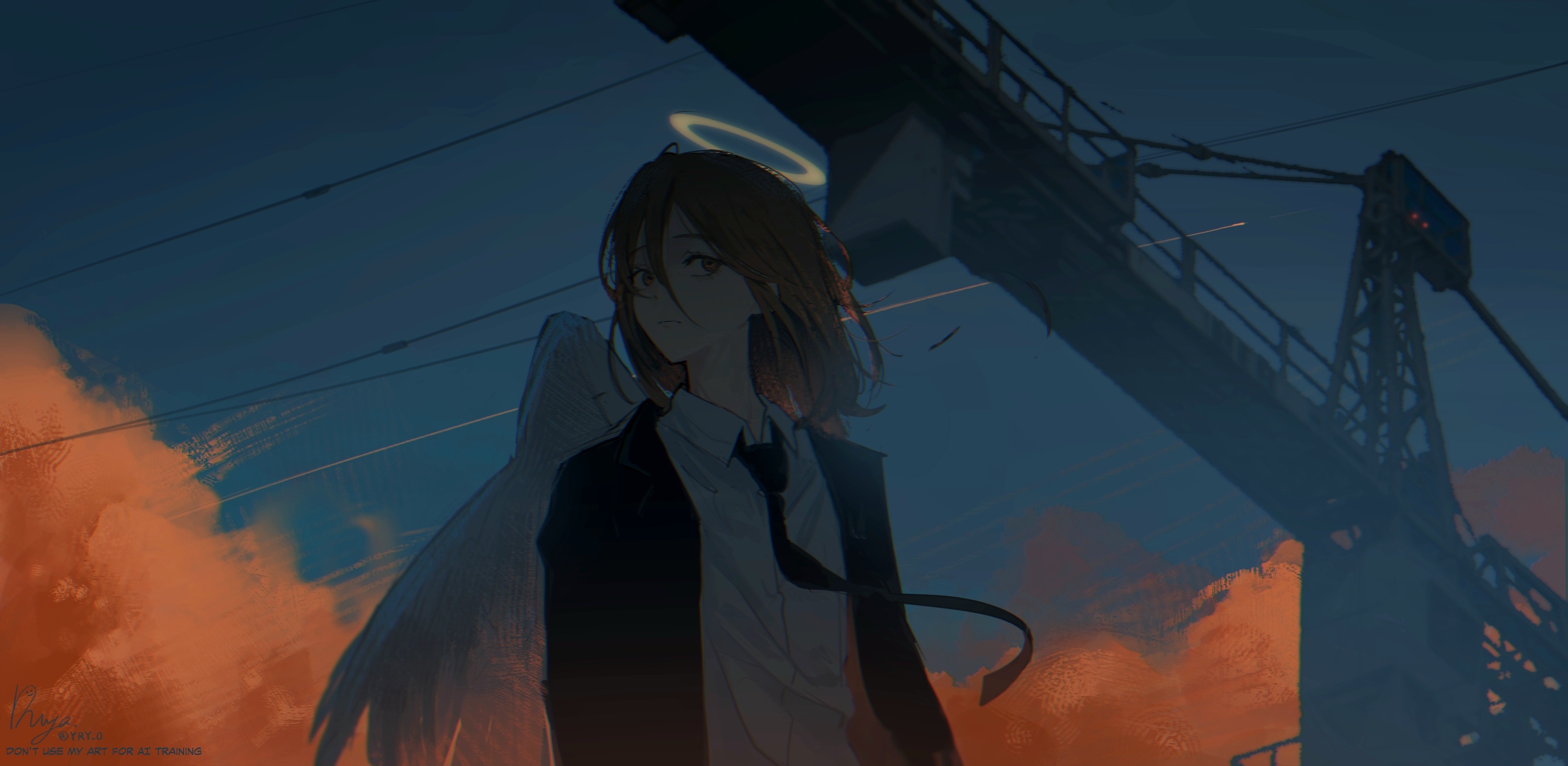 ryane (yry 0), angel devil (chainsaw man), chainsaw man, commentary request, highres, 1boy, angel wings, black jacket, black necktie, brown hair, collared shirt, copyright notice, crane (machine), dusk, floating clothes, grey shirt, grey wings, halo, jacket, long sleeves, male focus, medium hair, necktie, open clothes, open jacket, orange clouds, outdoors, shirt, signature, sky, traditional halo, upper body, wings
