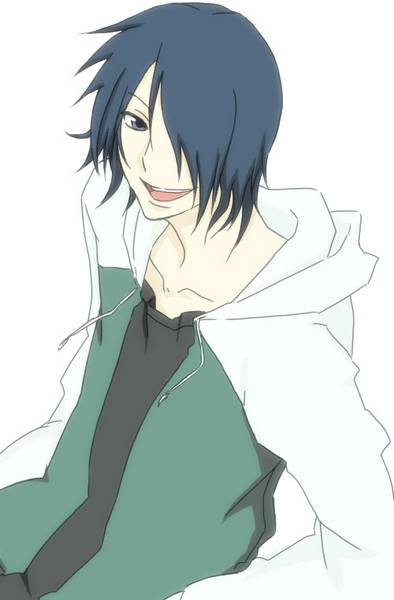 ichimoku ren, jigoku shoujo, 00s, 1boy, black hair, green eyes, jacket, male focus, simple background, smile, solo, upper body, white background
