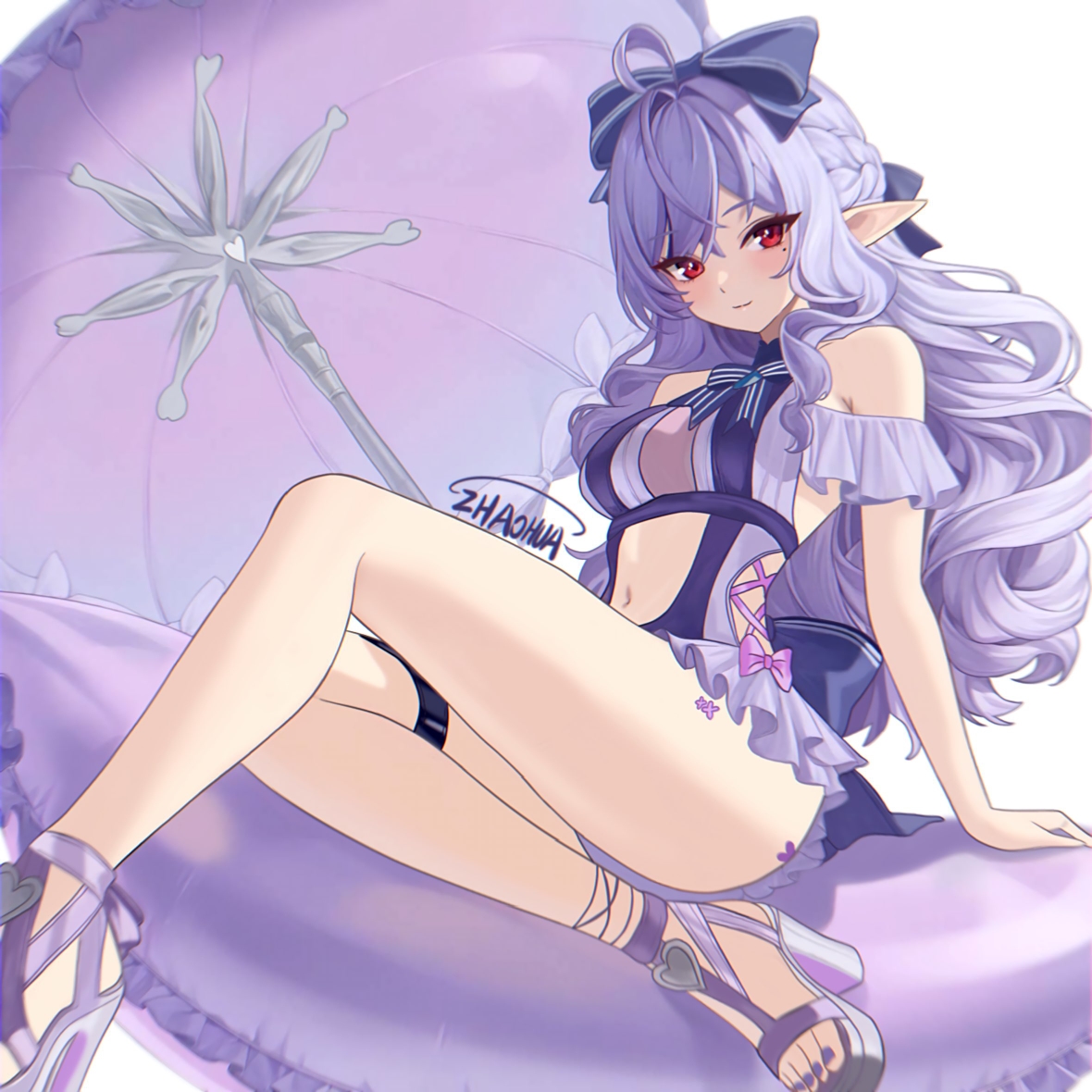 zhaohua, vivian banshee, vivian banshee (iris of the shore), zenless zone zero, 1girl, ahoge, breasts, frilled one-piece swimsuit, frills, looking at viewer, medium breasts, mole, mole under eye, nail polish, official alternate costume, one-piece swimsuit, pointy ears, purple hair, purple nails, purple sandals, red eyes, sandals, solo, swimsuit, thigh strap, toenail polish, toenails, umbrella, white one-piece swimsuit
