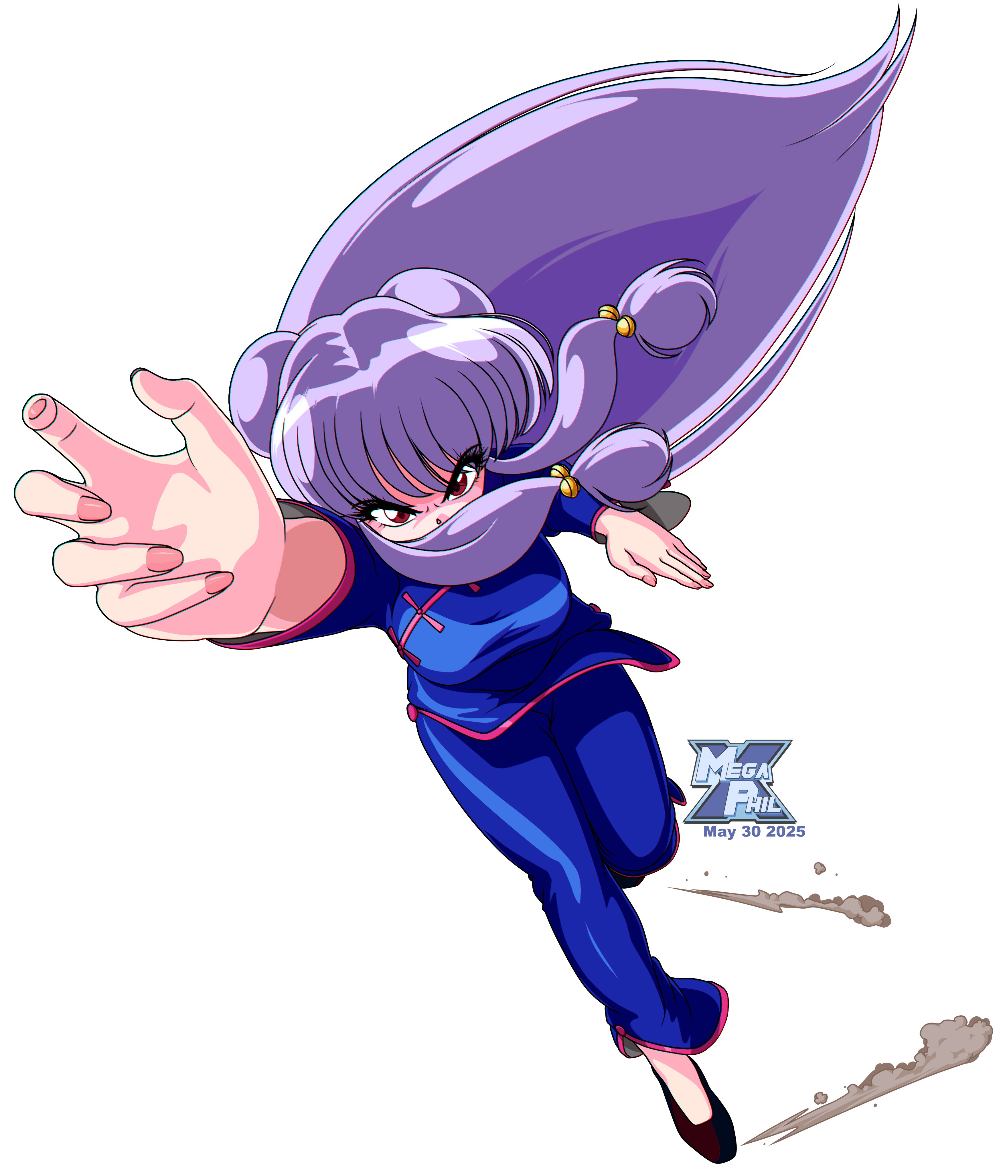 megaphilx, shampoo (ranma 1/2), ranma 1/2, absurdres, highres, 1girl, chinese clothes, double bun, fighting stance, full body, hair bun, long hair, looking at viewer, pants, purple hair, red eyes, solo, white background