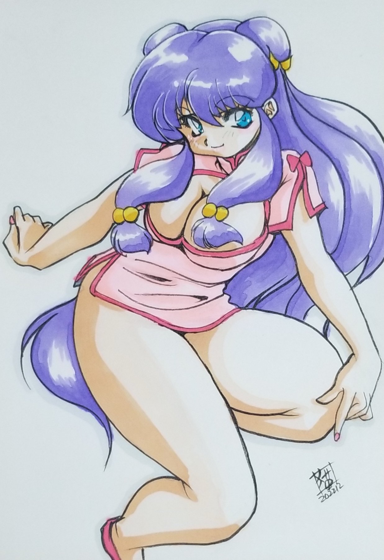 nekoyashiro, shampoo (ranma 1/2), ranma 1/2, highres, traditional media, 1girl, blue eyes, breasts, china dress, chinese clothes, cleavage, cleavage cutout, clothing cutout, dated, double bun, dress, hair bun, hair ornament, large breasts, long hair, looking at viewer, purple hair, sidelocks, smile, solo, thighs