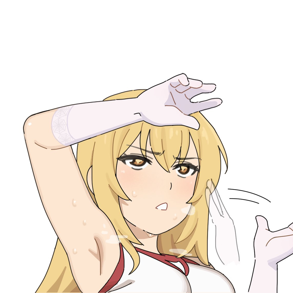 sleepy frippy, shokuhou misaki, toaru kagaku no railgun, toaru majutsu no index, 1girl, arm above head, arm up, armpit focus, armpits, blonde hair, breasts, elbow gloves, fanning self, gloves, hair between eyes, hair ornament, half-closed eyes, hot, large breasts, long hair, parted lips, shirt, solo, sports uniform, star-shaped pupils, star (symbol), sweat, symbol-shaped pupils, teeth, tokiwadai school gym uniform, white gloves, yellow eyes