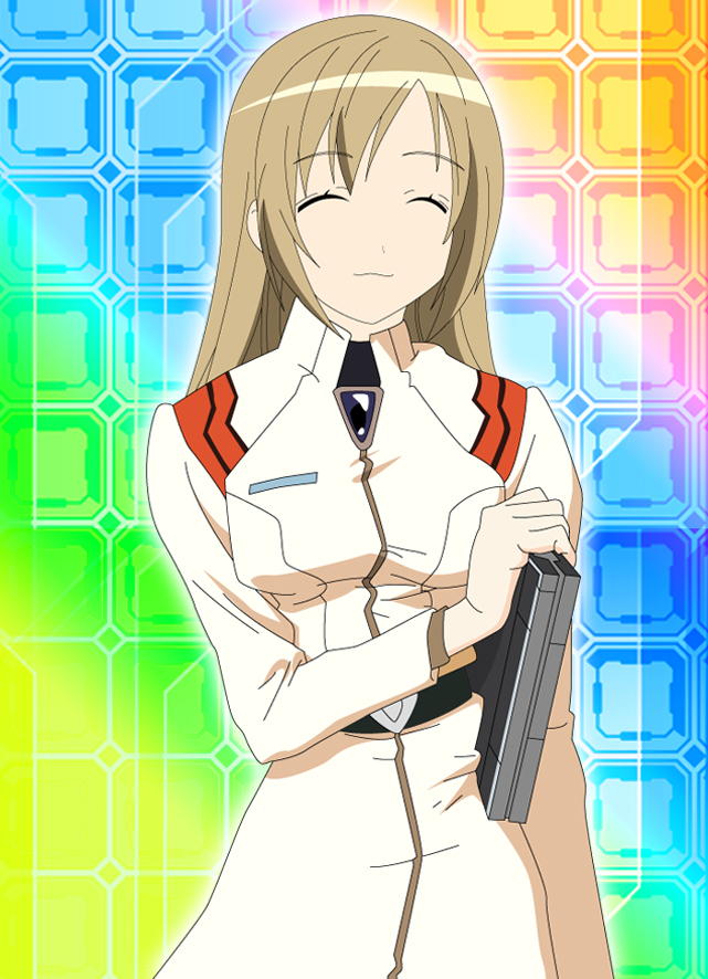 peaceman, minami haruka, minami-ke, neon genesis evangelion, uniform, bad id, bad pixiv id, 1girl, brown hair, closed eyes, computer, cosplay, female focus, smile, solo