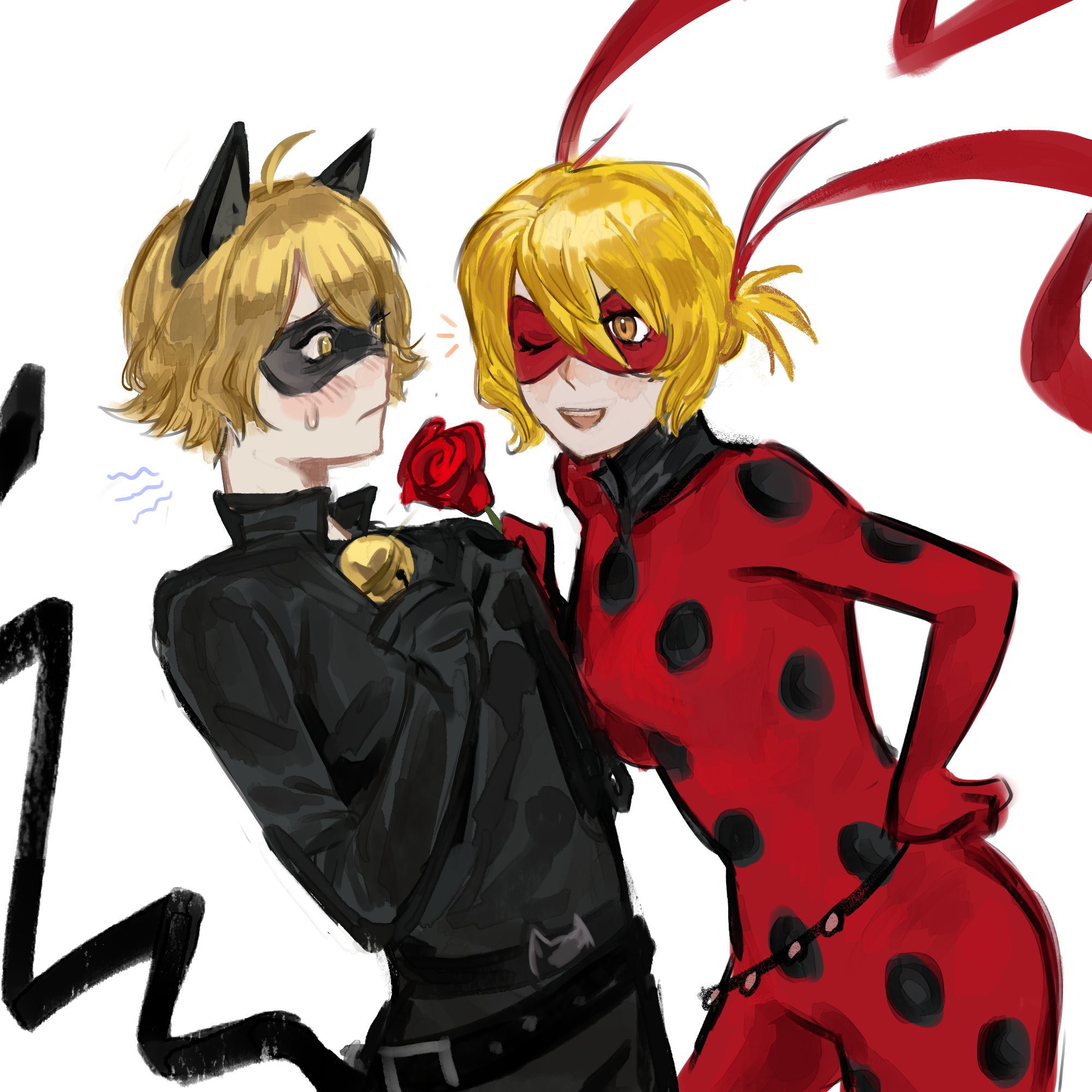 chat noir, don quixote (project moon), ladybug (miraculous ladybug), sinclair (project moon), limbus company, miraculous ladybug, project moon, highres, 1boy, 1girl, alternate costume, animal ears, bell, black leotard, black shirt, blonde hair, blush, cat boy, cat ears, cat tail, chat noir (cosplay), cosplay, couple, cowboy shot, flower, gloves, hetero, jingle bell, kefir1704, ladybug (miraculous ladybug) (cosplay), leotard, mask, one eye closed, open mouth, red flower, red leotard, red rose, red shirt, rose, shirt, short hair, simple background, sweat, tail, white background, yellow eyes
