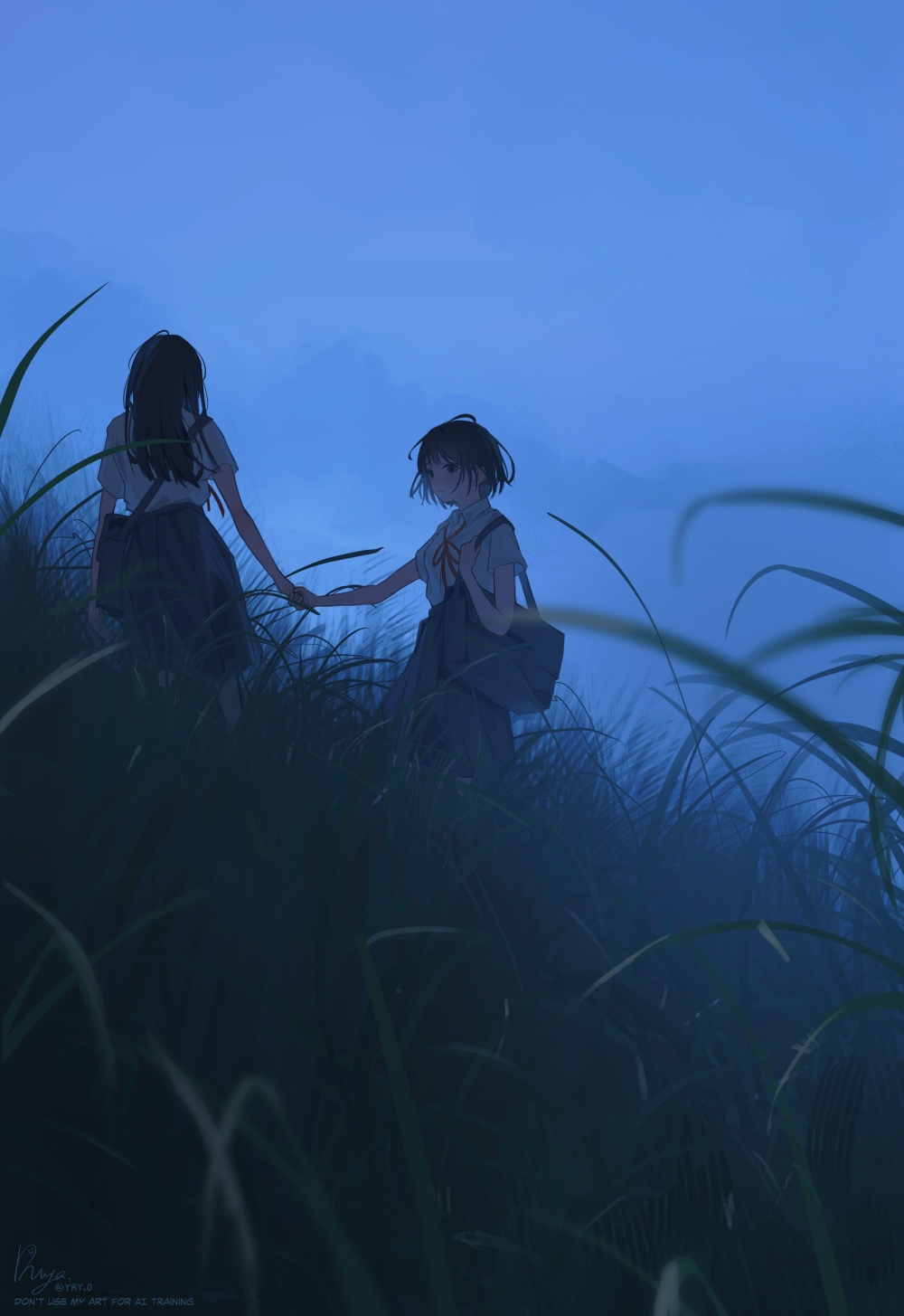 ryane (yry 0), original, commentary, highres, 2girls, bag, black hair, black skirt, blue sky, blue theme, dawn, field, grass, grey shirt, holding hands, long hair, looking at viewer, multiple girls, neck ribbon, outdoors, ribbon, scenery, school bag, school uniform, shirt, shirt tucked in, short hair, short sleeves, shoulder bag, skirt, sky, standing
