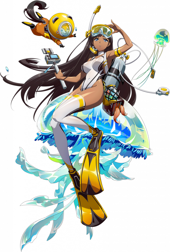 langrisser, langrisser mobile, langrisser re:incarnation, game cg, official art, third-party source, 1girl, adjusting mask, animal, arm strap, black hair, blue eyes, breasts, cage, camera, covered navel, dark-skinned female, dark skin, diving helmet, diving mask, diving mask on head, diving suit, flippers, floating hair, full body, goggles, goggles on head, helmet, highleg, highleg one-piece swimsuit, holding, holding camera, jellyfish, large breasts, long hair, looking at viewer, official alternate costume, one-piece swimsuit, oversized animal, parted lips, scuba, scuba gear, scuba tank, shiny skin, simple background, snorkel, snorkel mask, solo focus, squirrel, swimming, swimsuit, tachi-e, thighhighs, towa (langrisser), transparent background, very long hair, white one-piece swimsuit