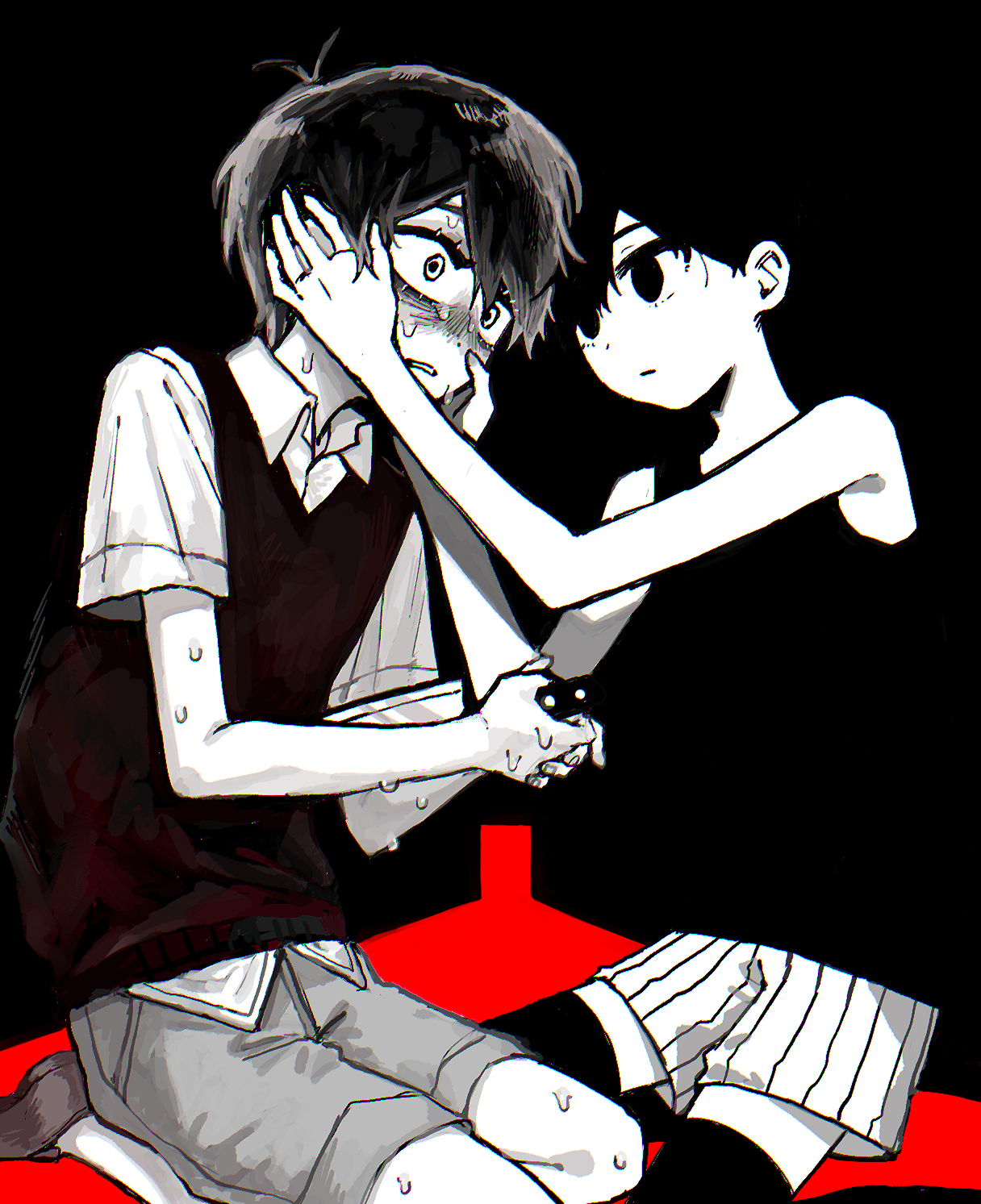 rou (h s sinrin), omori (omori), sunny (omori), omori, highres, 2boys, antenna hair, black eyes, black hair, black sweater vest, black thighhighs, brown shorts, closed mouth, collared shirt, colored skin, dual persona, expressionless, holding, holding knife, knife, looking at another, male focus, multiple boys, nervous sweating, parted lips, seiza, shirt, short hair, short sleeves, shorts, sitting, striped clothes, striped shorts, sweat, sweater vest, thighhighs, vertical-striped clothes, vertical-striped shorts, white shirt, white shorts, white skin