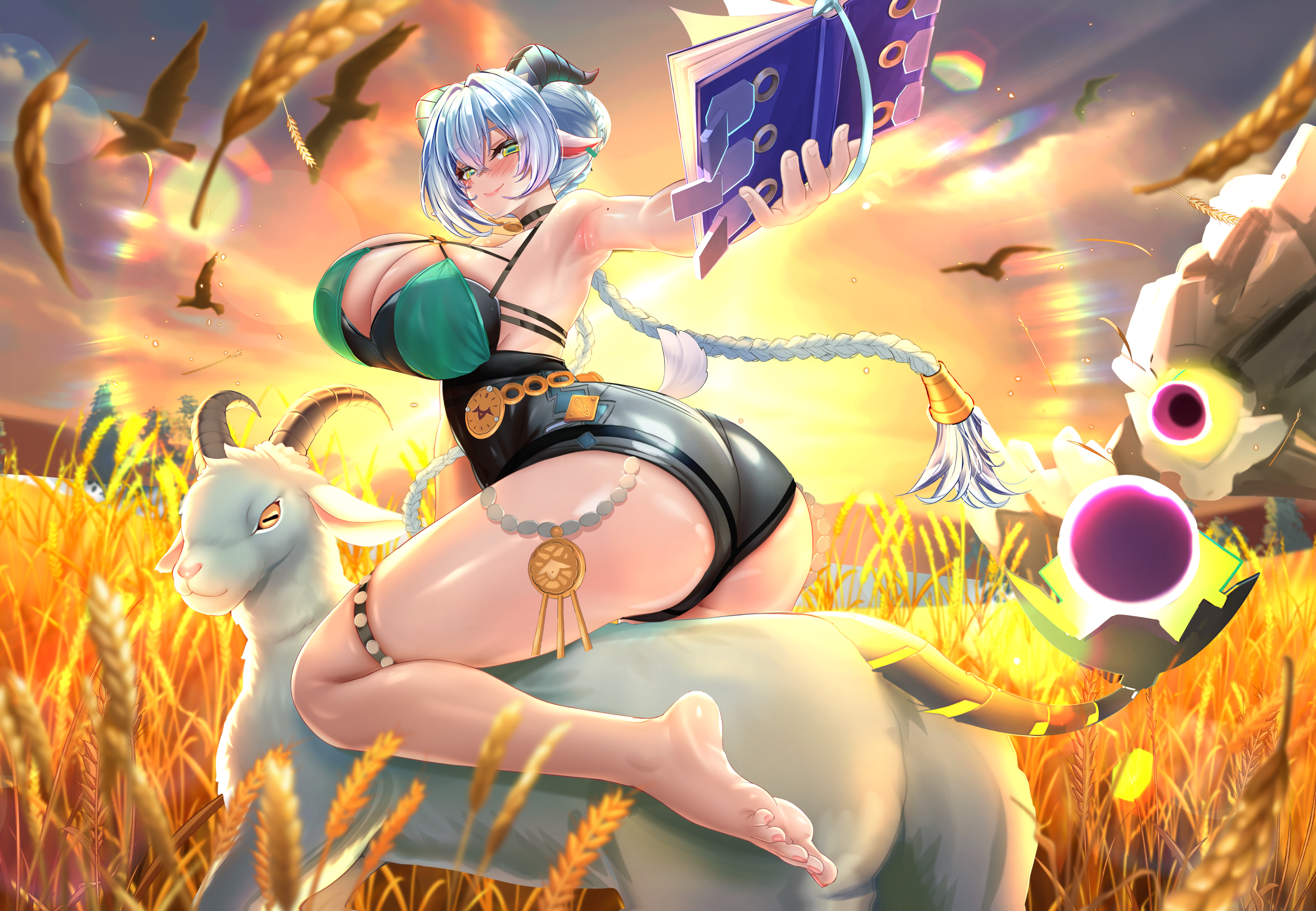 jagoo, lucia elowen, zenless zone zero, highres, 1girl, alternate breast size (larger), barefoot, black leotard, blue bra, blue hair, book, bra, braid, breasts, closed mouth, goat, goat girl, goat horns, goat tail, green eyes, holding, holding book, horns, large breasts, leotard, long hair, looking at viewer, mole, mole on shoulder, pointy ears, rice paddy, smile, solo, tail, twin braids, underwear