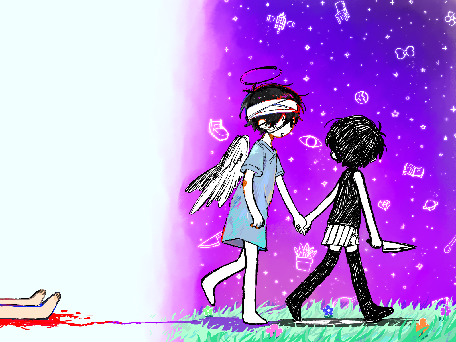 rou (h s sinrin), omori (omori), something (omori), sunny (omori), omori, highres, spoilers, 2boys, angel wings, antenna hair, bandaged head, bandages, barefoot, black eyes, black hair, black thighhighs, colored skin, disembodied leg, eyepatch, holding, holding knife, hospital gown, knife, looking at another, male focus, medical eyepatch, multiple boys, short sleeves, shorts, striped clothes, striped shorts, sunny (hospital gown) (omori), thighhighs, vertical-striped clothes, vertical-striped shorts, white shorts, white skin, wings
