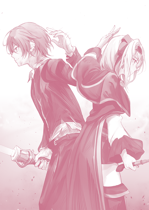 haishiki, chris esse eisbert, sanjou hiiro, danshi kinsei game sekai de ore ga yarubeki yuiitsu no koto yuri no ma ni hasamaru otoko to shite tensei shite shimaimashita, commentary request, novel illustration, official art, 1boy, 1girl, backless dress, backless outfit, boots, breasts, bruise, bruise on face, cloak, detached sleeves, dress, earrings, hairband, high five, holding, holding sword, holding wand, holding weapon, hood, hooded cloak, injury, jewelry, katana, long hair, monochrome, multiple piercings, school uniform, sword, thigh boots, torn clothes, very long hair, wand, weapon