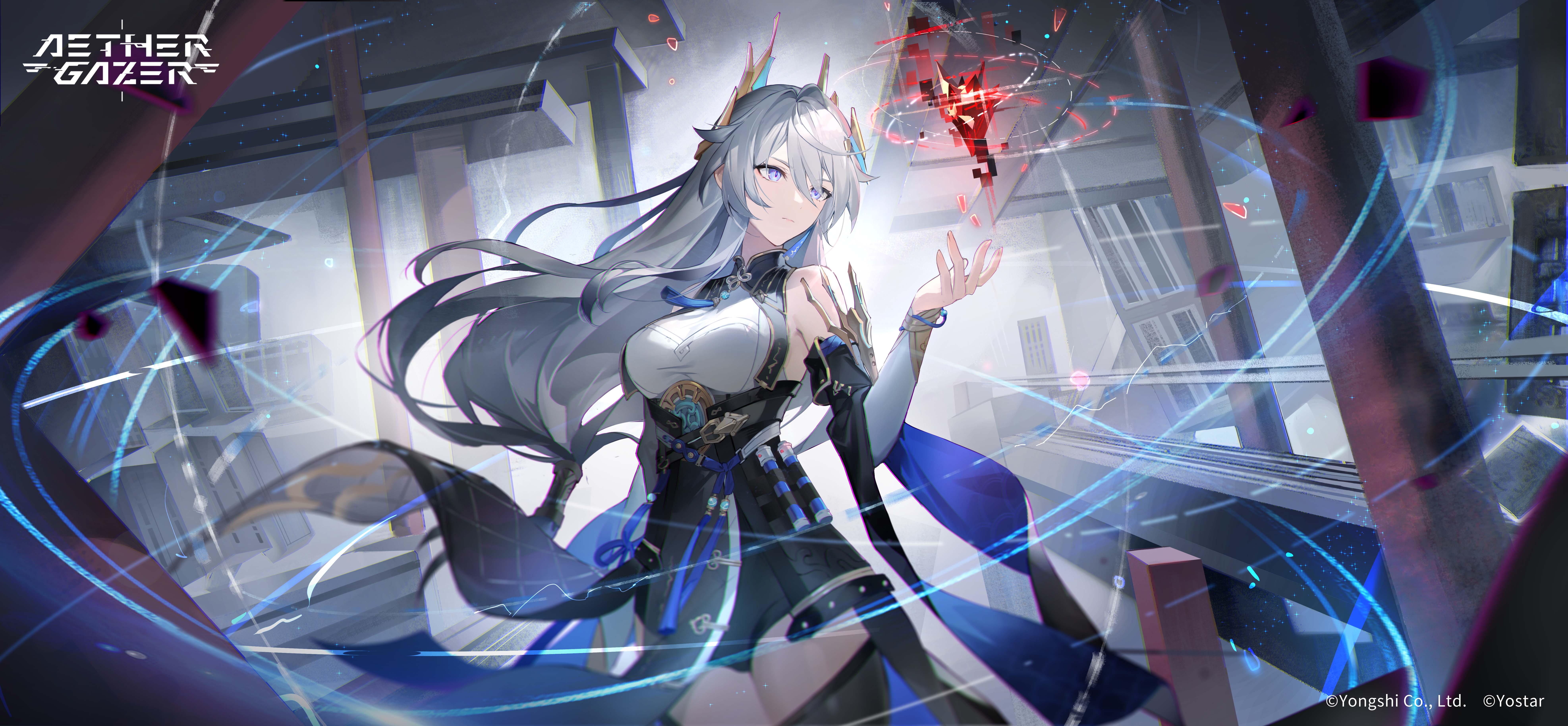 gengchen (aether gazer), aether gazer, absurdres, artist request, highres, official art, 1girl, black thighhighs, breasts, closed mouth, copyright name, copyright notice, detached sleeves, grey hair, hair between eyes, hair ornament, hair tubes, long hair, purple eyes, solo, thighhighs, white sleeves