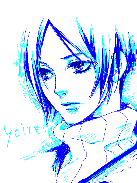 yoite, nabari no ou, 00s, 1boy, androgynous, blue theme, male focus, monochrome, parted bangs, portrait, short hair, simple background, solo, white background
