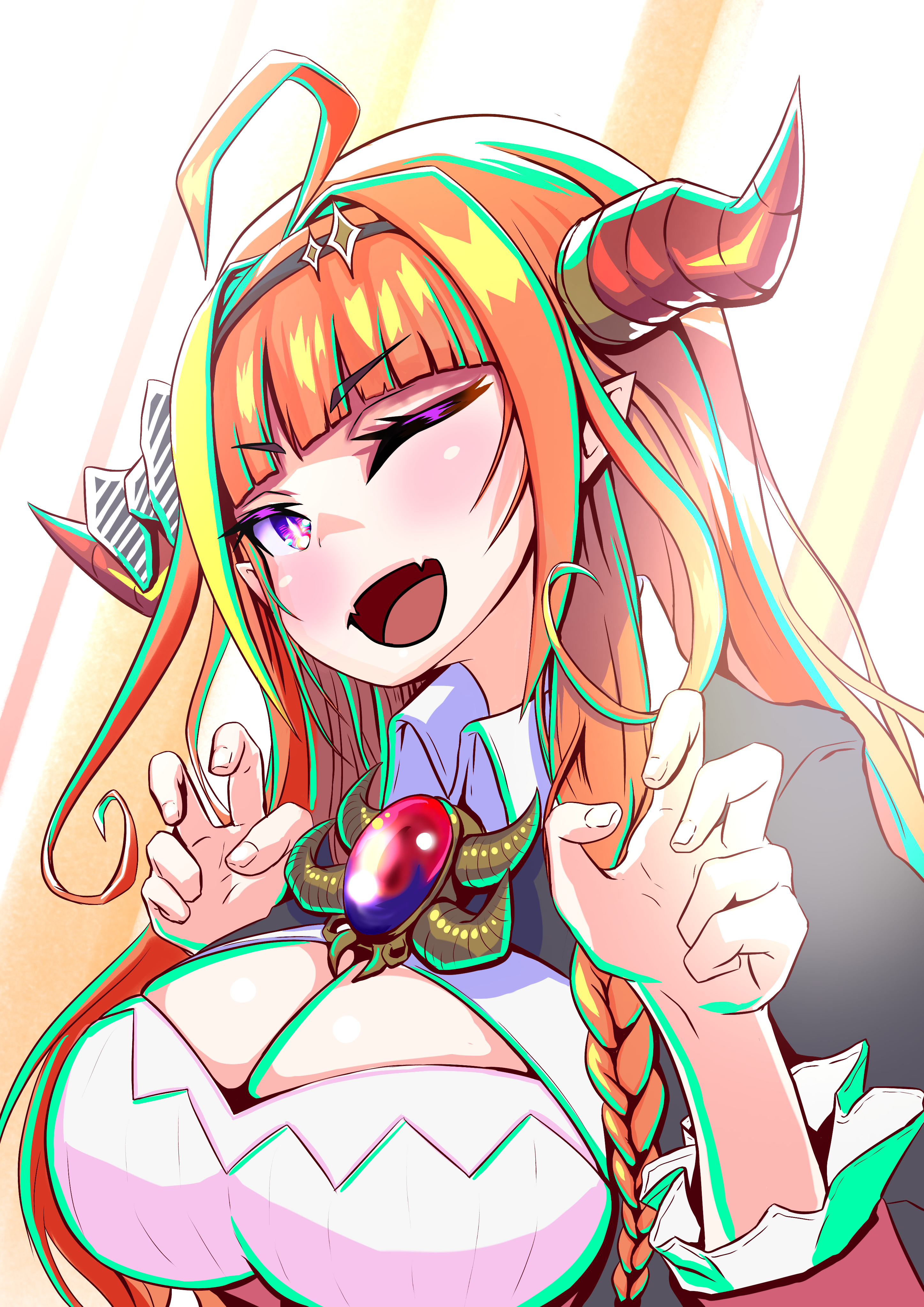kajimakoto, kiryu coco, kiryu coco (1st costume), hololive, absurdres, highres, 1girl, black jacket, blonde hair, dragon girl, dragon horns, fangs, horns, jacket, long hair, multicolored hair, one eye closed, open mouth, orange hair, pointy ears, purple eyes, shirt, skin fangs, smile, solo, streaked hair, virtual youtuber, white shirt