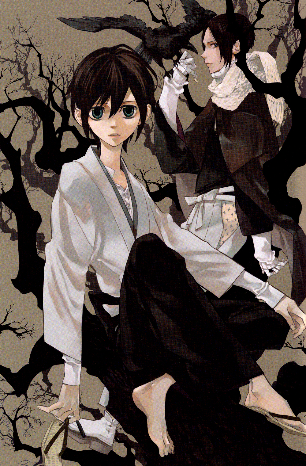 kamatani yuuki, rokujo miharu, yoite, nabari no ou, highres, 00s, 2boys, barefoot, bird, bird on hand, black hair, feet, gloves, hair between eyes, japanese clothes, kimono, male focus, multiple boys, sandals, scarf, short hair, unworn sandals